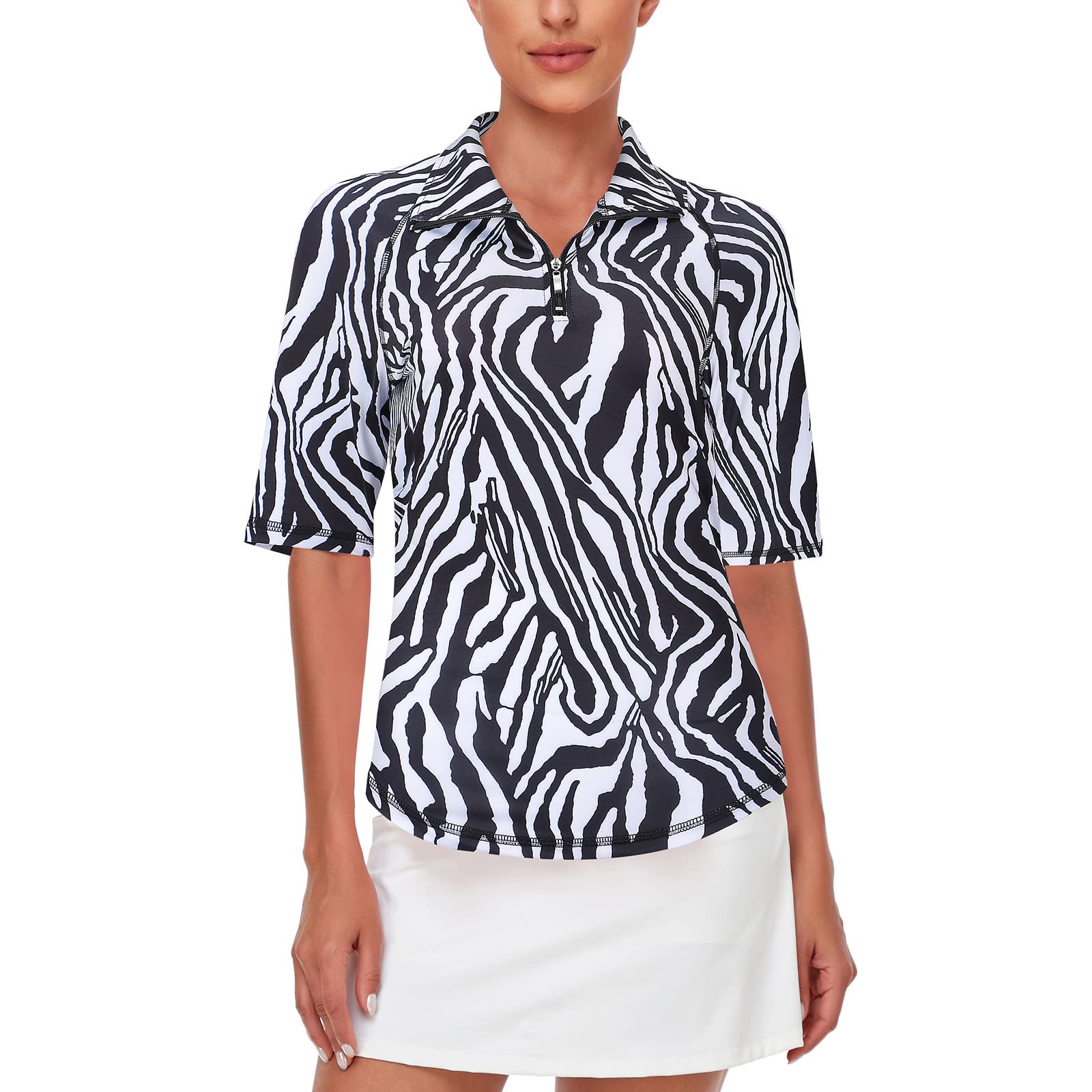 Misyula Womens Golf Shirt Quick Dry Half Sleeve Quarter Zip Polo Workout Tops Tennis Shirts M-XXL, Zebra-bw, X-Large