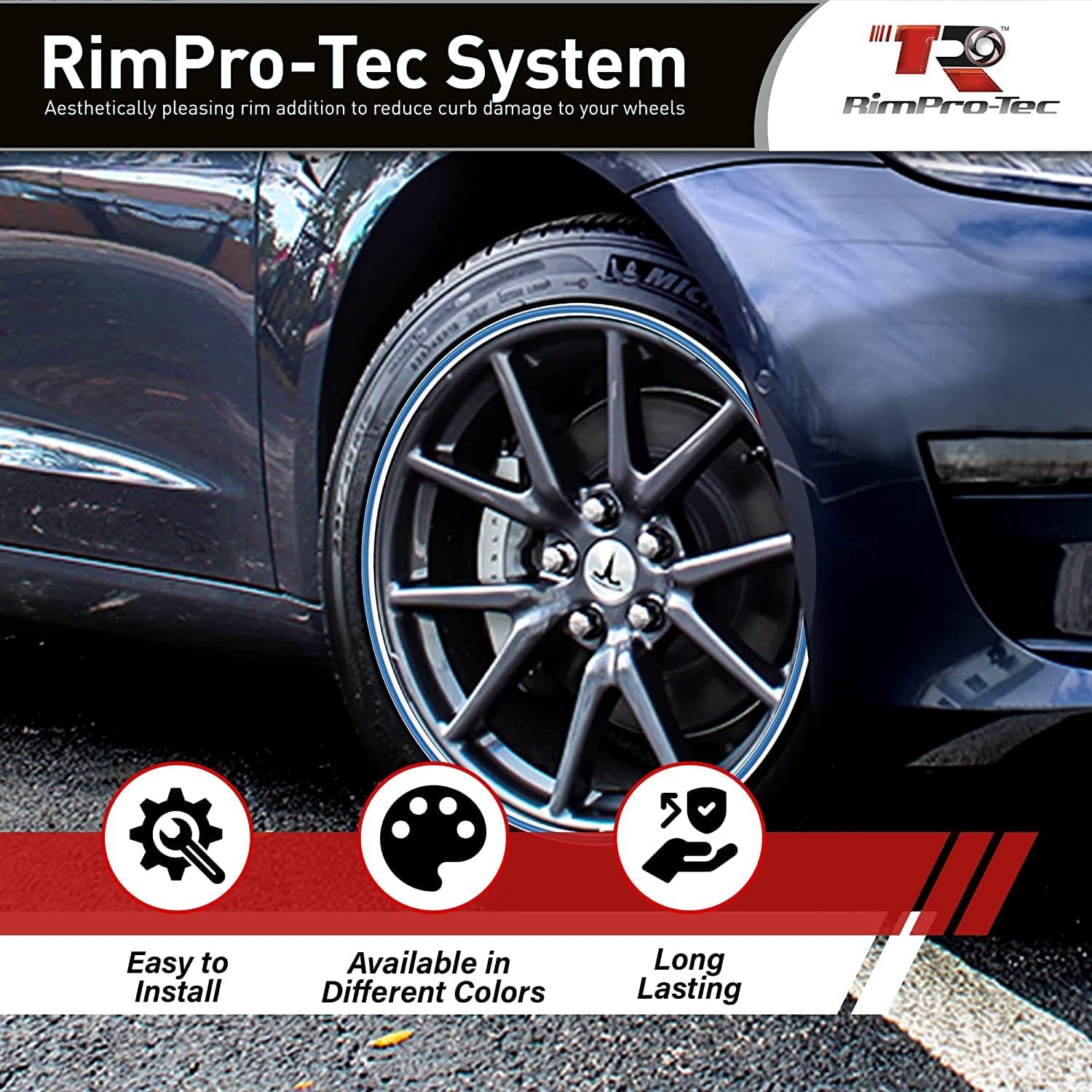 Rimpro-Tec Wheel Bands Rim Protectors for Car Wheels for Protection and Decor, Durable All-Weather Rims Protectors Easy-to-Install Rim Guard Fit from 12" to 22" Wheels Base: White, Inner: Dark Blue.