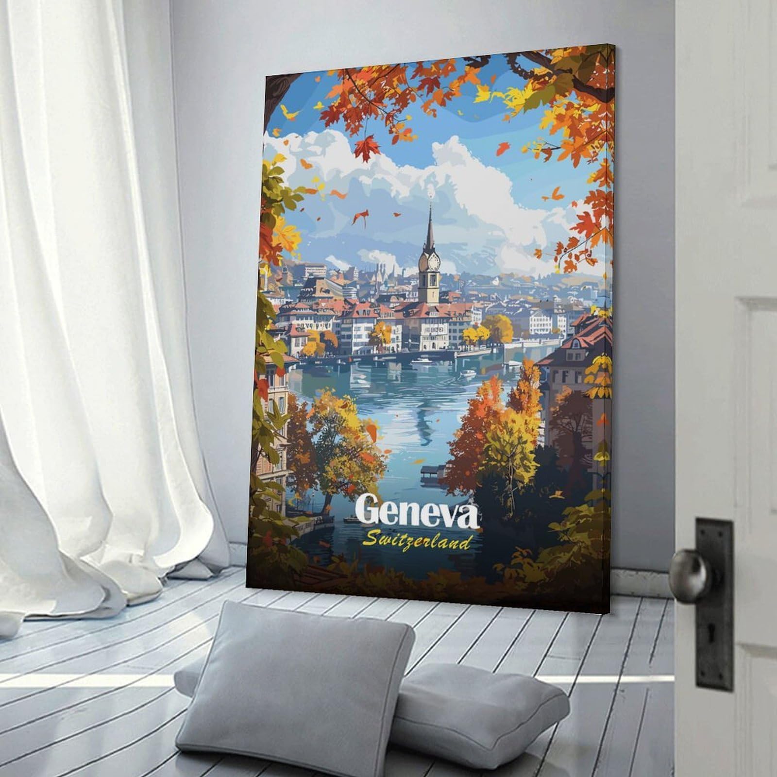 Junmoney Geneva, Switzerland Autumn View Wall Art Print, 24x36inch(60x90cm), for Entryway, Lounge Links Or Small Walls, Decorative Wall Art for Narrow Spaces