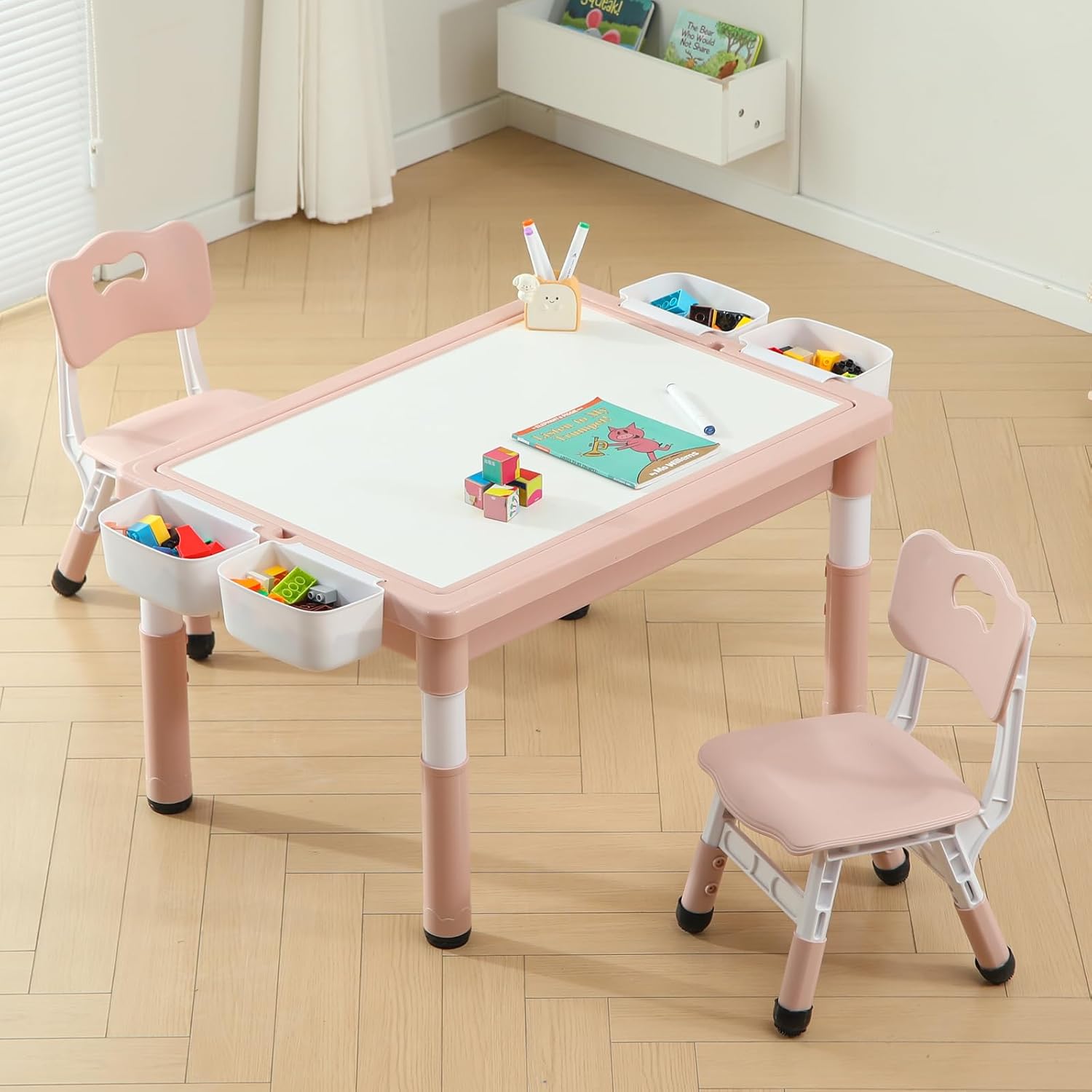 4 in 1 Kids Table and Chairs Set, Toddler Activity Table with Storage, Graffiti & Building Blocks Double-Sided Tabletop, Multi Functional Tables and Chairs for Children Ages 3-6, Pink