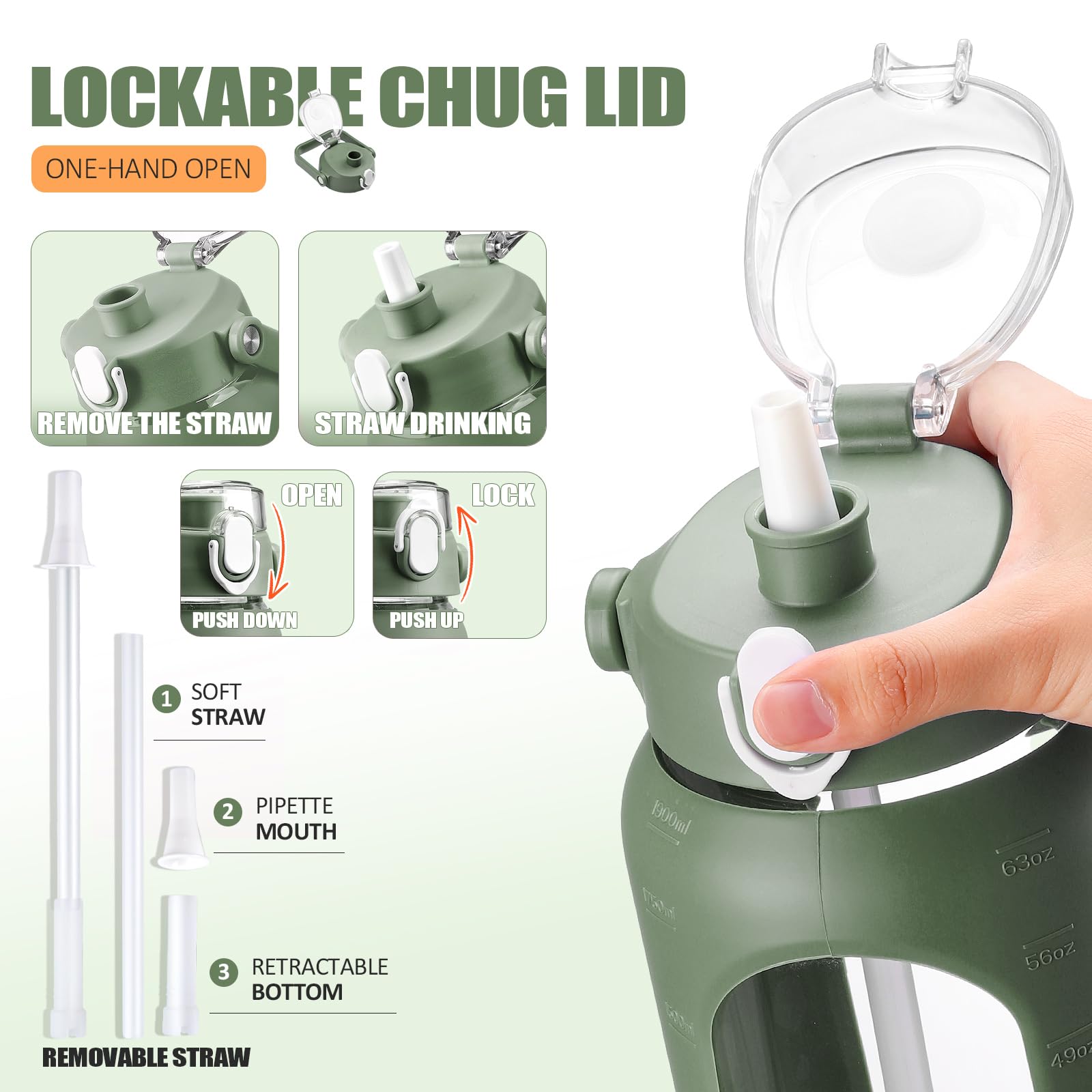 BLUEGO 2000ml Bottiglie d'acqua in vetro con 2 coperchi Bottiglia d'acqua con cannuccia 2L Bottiglia d'acqua grande con indicatori di capacità per sport A prova di perdite, Oliva