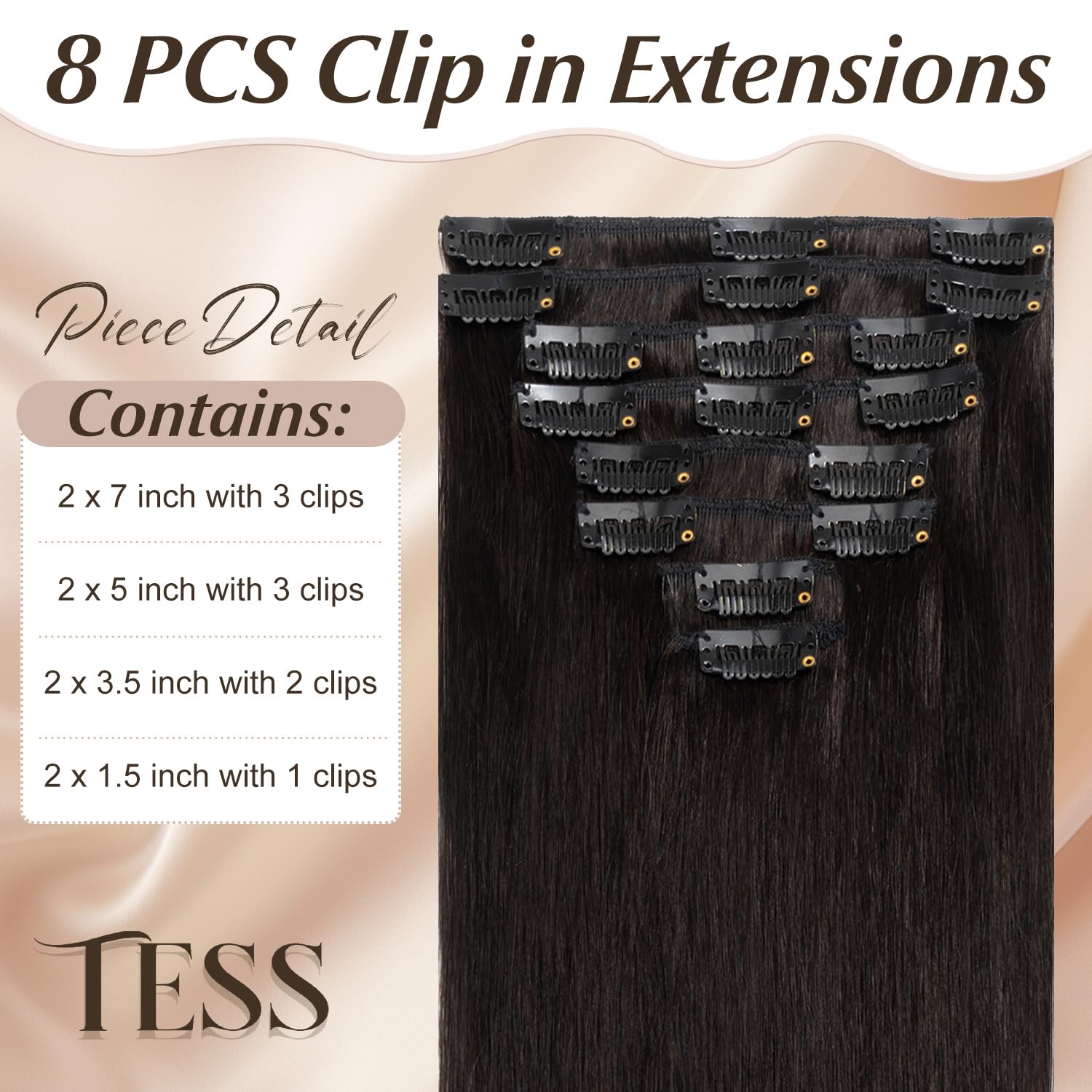TESS Clip in Hair Extensions Real Human Hair 8 Pieces 18 Clips Natural Straight Handmade Seamless Instant Volume & Length for Women UK #1B Natural Black #18 inch 140g - Image 2