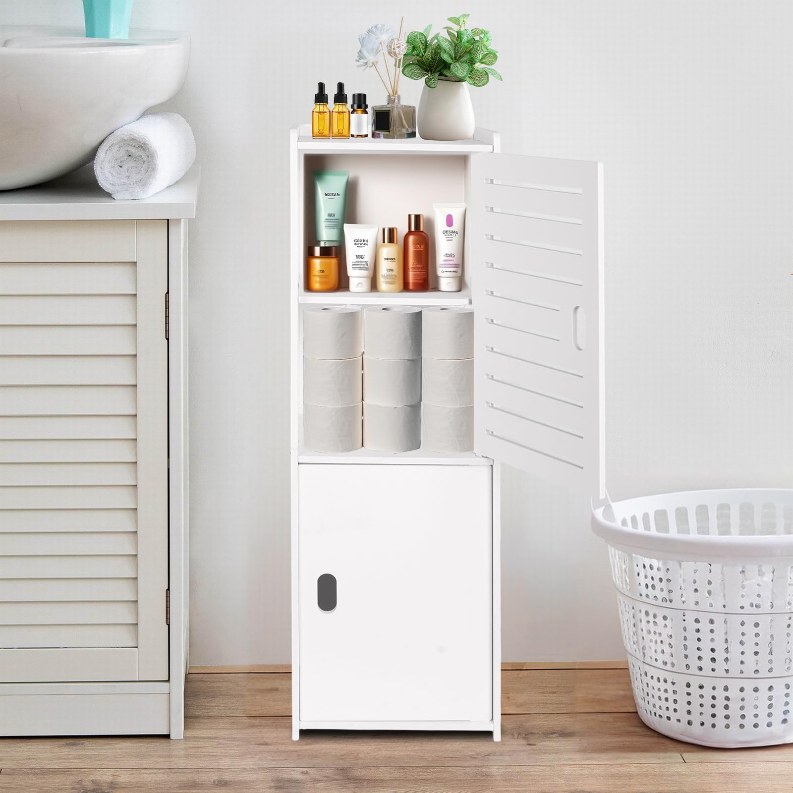 powerking 3 Nivel Baño Armario de Almacenamiento, Organizador Independiente con Puertas, Armario de Piso de Almacenamiento Blanco para Dormitorio, Aseo, Sala de Estar, Cocina, Balcón, Oficina