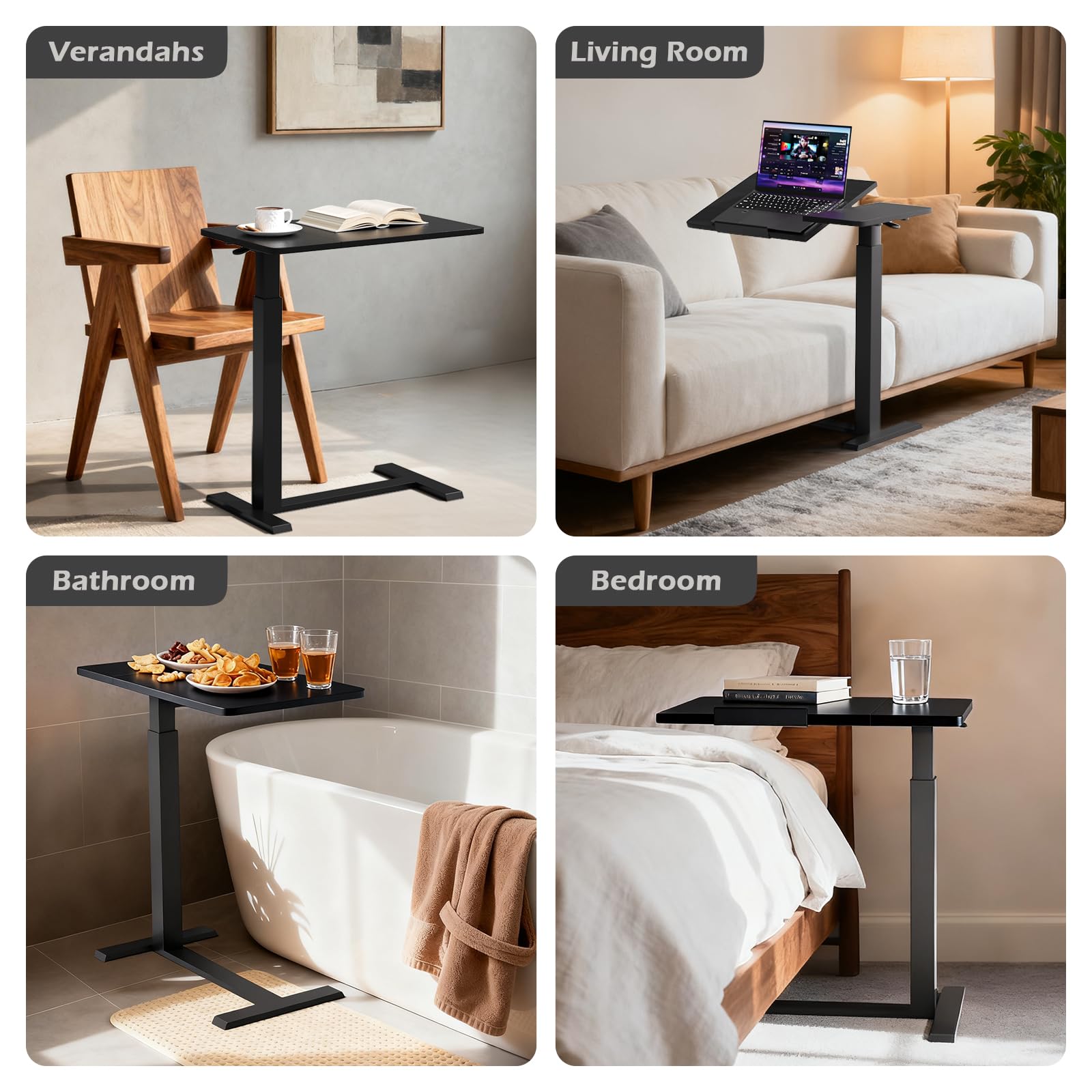 Tavolo da letto pneumatico regolabile con ruote, piastra divisa, comodino inclinabile, tavolo da appoggio per computer portatile/computer portatile, altezza 75-110 cm, a forma di C