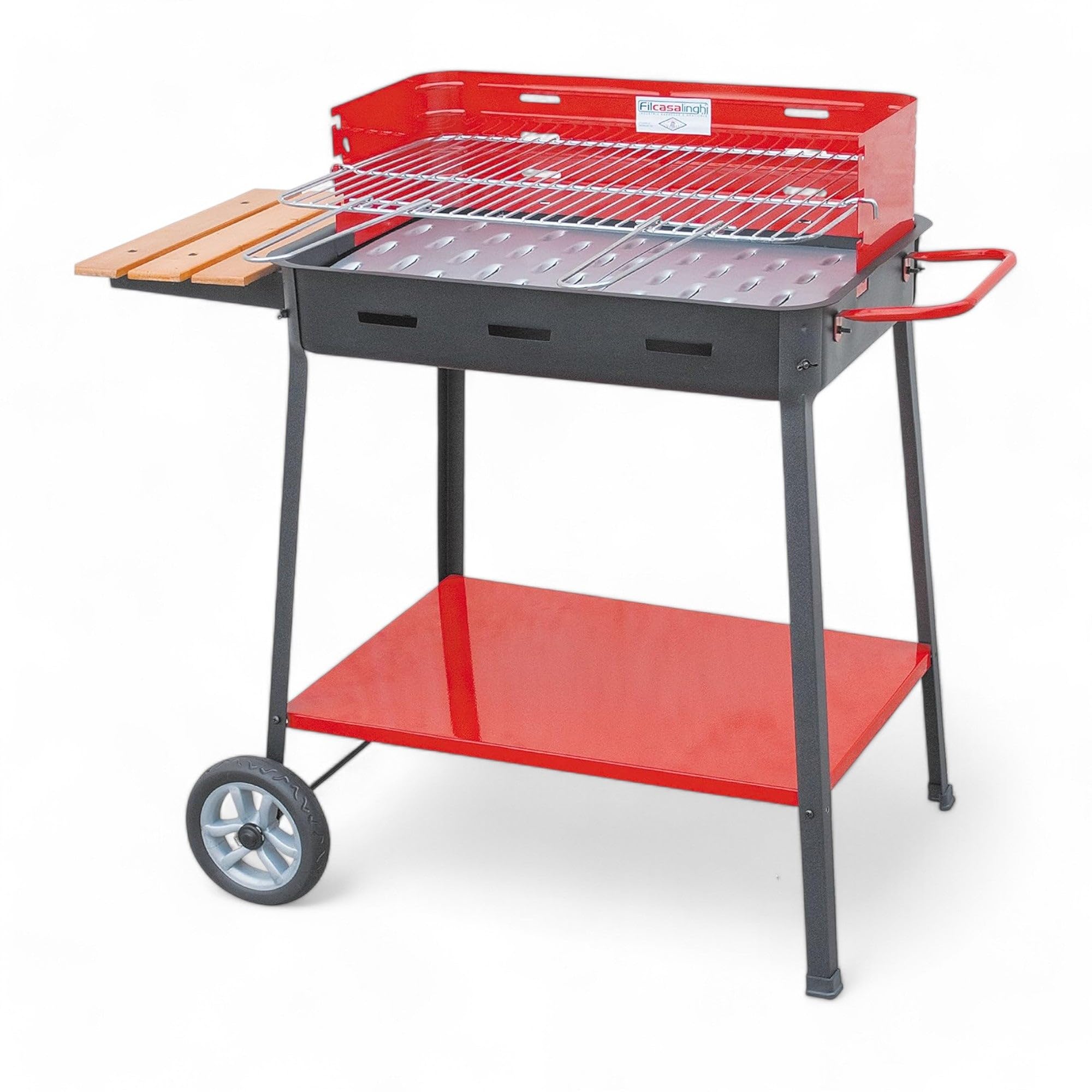 Barbecue BBQ a carbonella con Ruote griglia Regolabile Acciaio Verniciato smaltato ripiano Laterale Legno 60x40x85cm