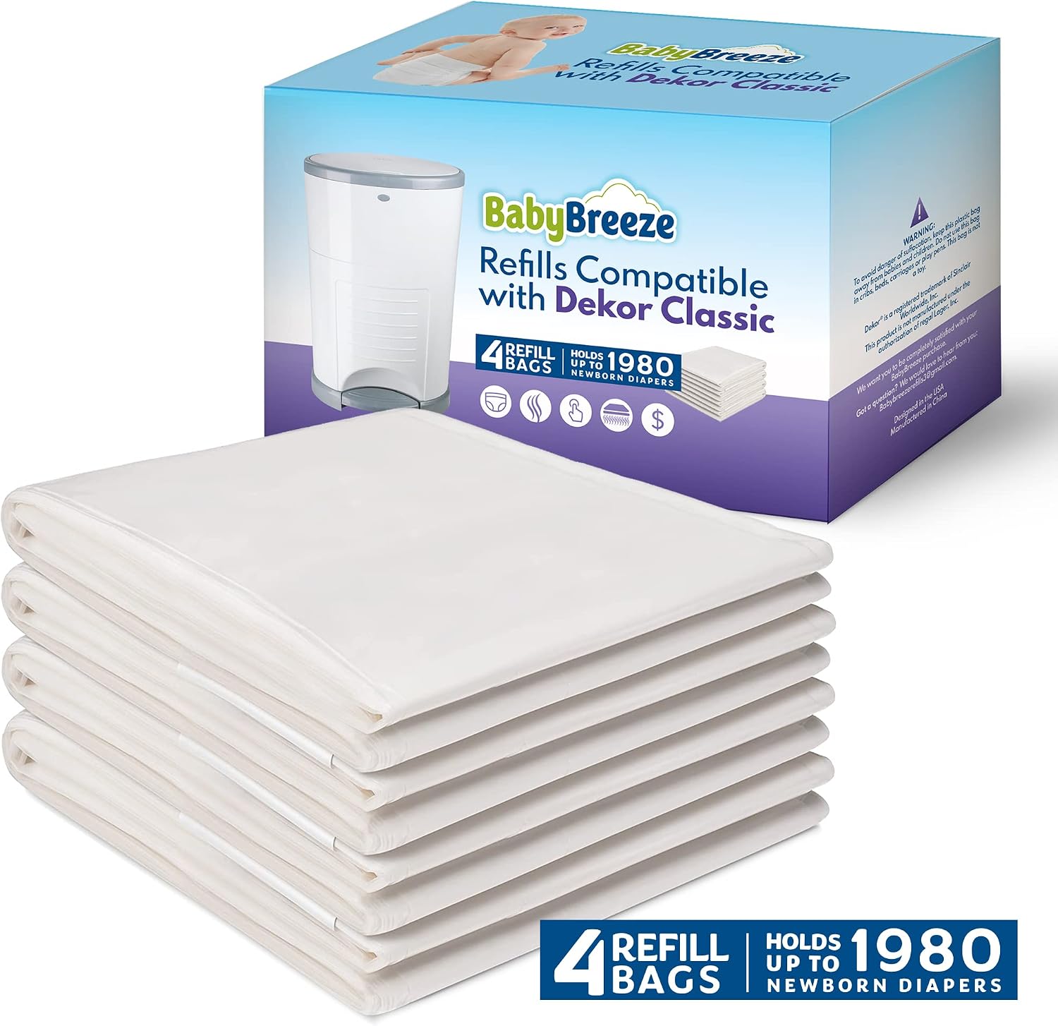 BabyBreeze Diaper Pail Refills Compatible with Dekor Classic – 4 Pack Continuous Refill Bags – Powder Scent Odor Control – Leak Resistant Diaper Disposal Liners – Holds Up to 1980 Diapers