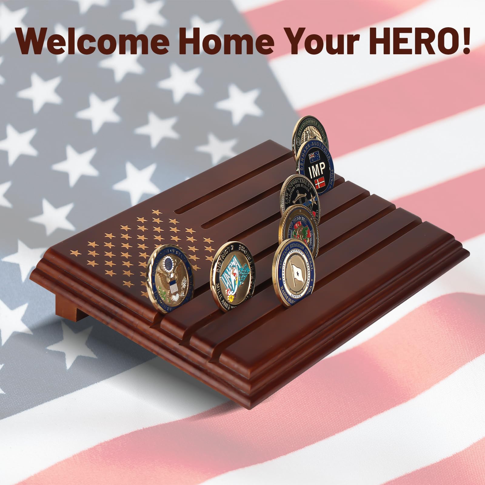 Espositore Per Monete Militari Samplife Challenge – 6 File Con Bandiera Americana, Custodia Da Tavolo In Legno, Porta Monete Da Collezione - 3
