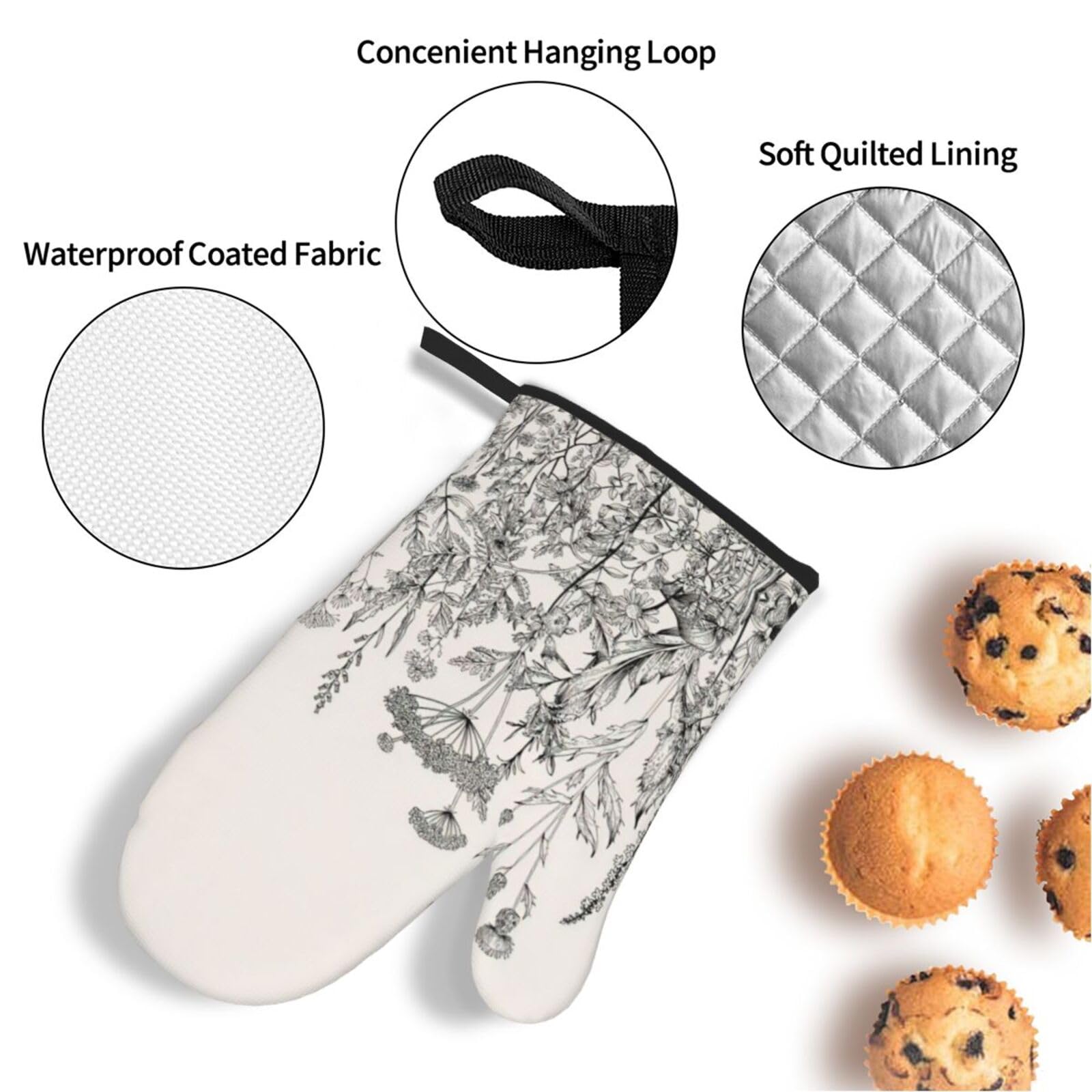 Set Da Cucina 4 Pezzi Con Guanti Da Forno E Presine – Motivo Fiori Selvatici, Silicone Antiscivolo, Resistenti Al Calore 180°C