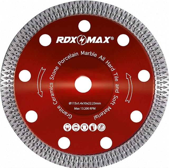 RDXMAX ® 115mm Diamond Cutting Discs for Angle Grinder |Super Thin Fast, Clean Cut on Porcelain, Granite, Marble, Concrete, Tiles, Stones, Bricks and Ceramics 4.5" Wheel (Thin 1.4mm)