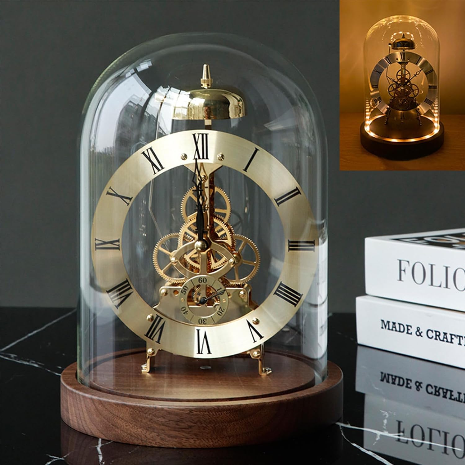 Mechanical Vintage Glass Dome Table Clock, Black Walnut Night Light Desk Clock, Sound-Activated Warm LED Night Light, Quartz + Mechanical See-Through Movement, Desk Decor Accessories