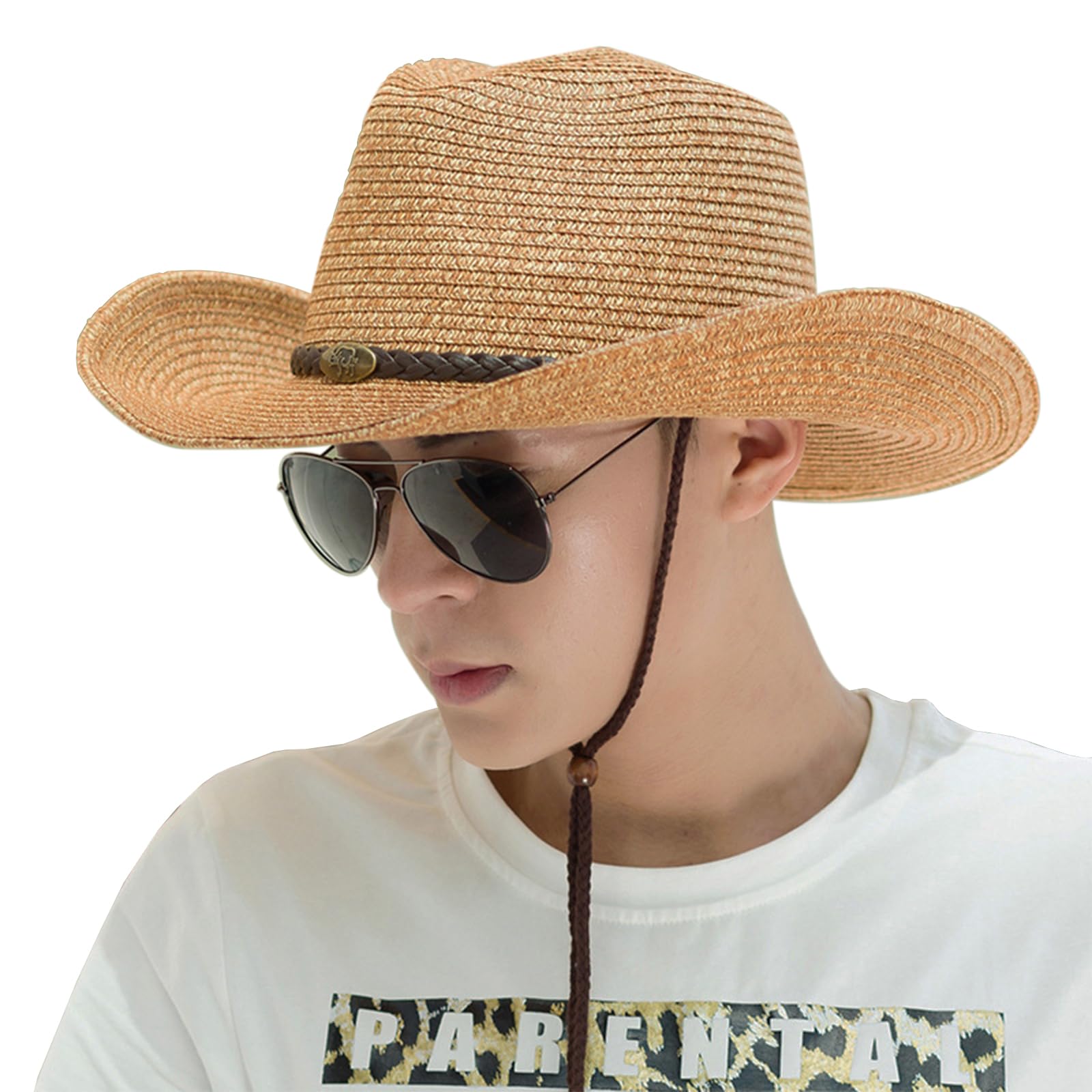 Beisto Mens Womens Western Style Cowboy Hat Wide Brim Breathable Summer Straw Hat Vintage Cowgirl Hat Shapeable Sun Hat Beach Hat Khaki