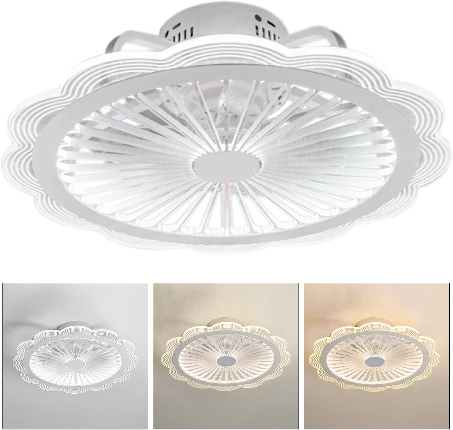 TFCFL Modern Ceiling Fan with Light, 19.7" Invisible Ultra Thin Chandelier Fan Controller Semi Flush Mount Flower Pattern 3 Colors 3 Speed Hidden Blades Low Profile Fan for Kids Room