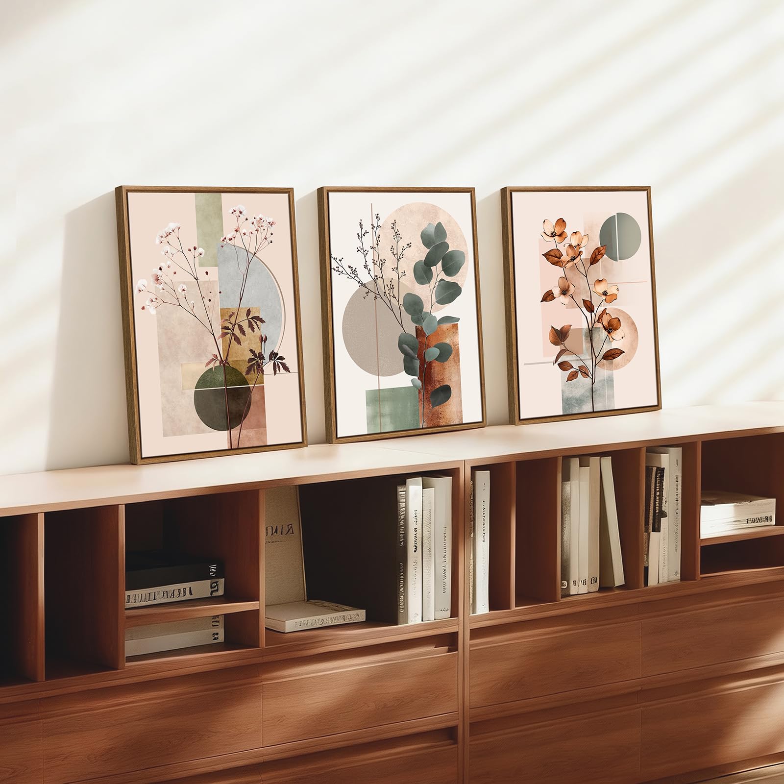 3Pcs En Bois Cadre Beige Géométrique Plantes Floral Tableau Décoration Murale Salon Botanique Coton Eucalyptus Feuille Impression sur Toile Peintures sur Toile Décor Murale Pour Chambre Maison 30x40x3