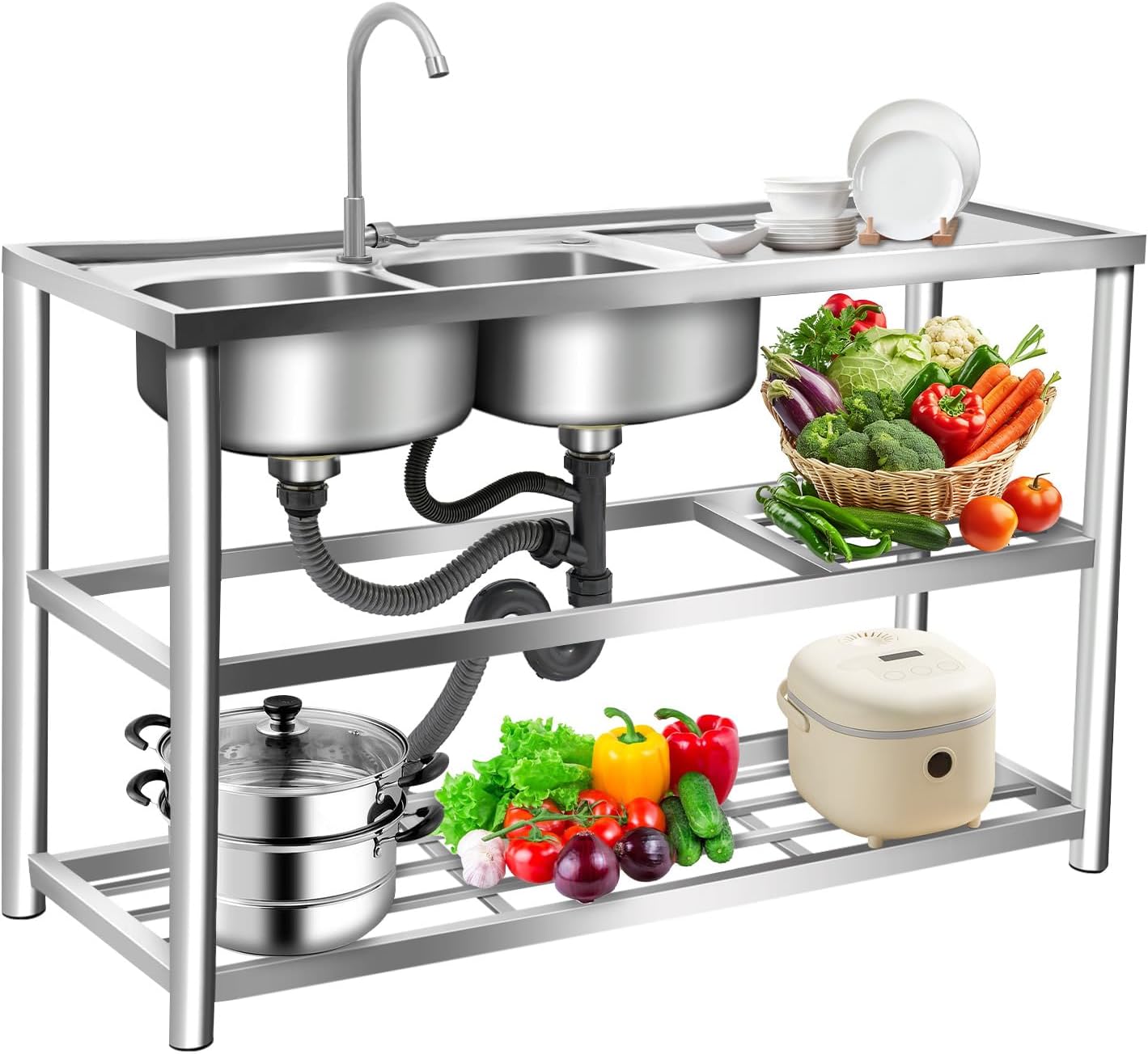 Stainless-Steel Double Bowl Sink 2 Compartment Basin 47''×18''×32'' Free Standing Commercial Restaurant Kitchen Sink Set with 360° Rotating Faucet & Utility Countertop Workbench & 2 Storage Shelves