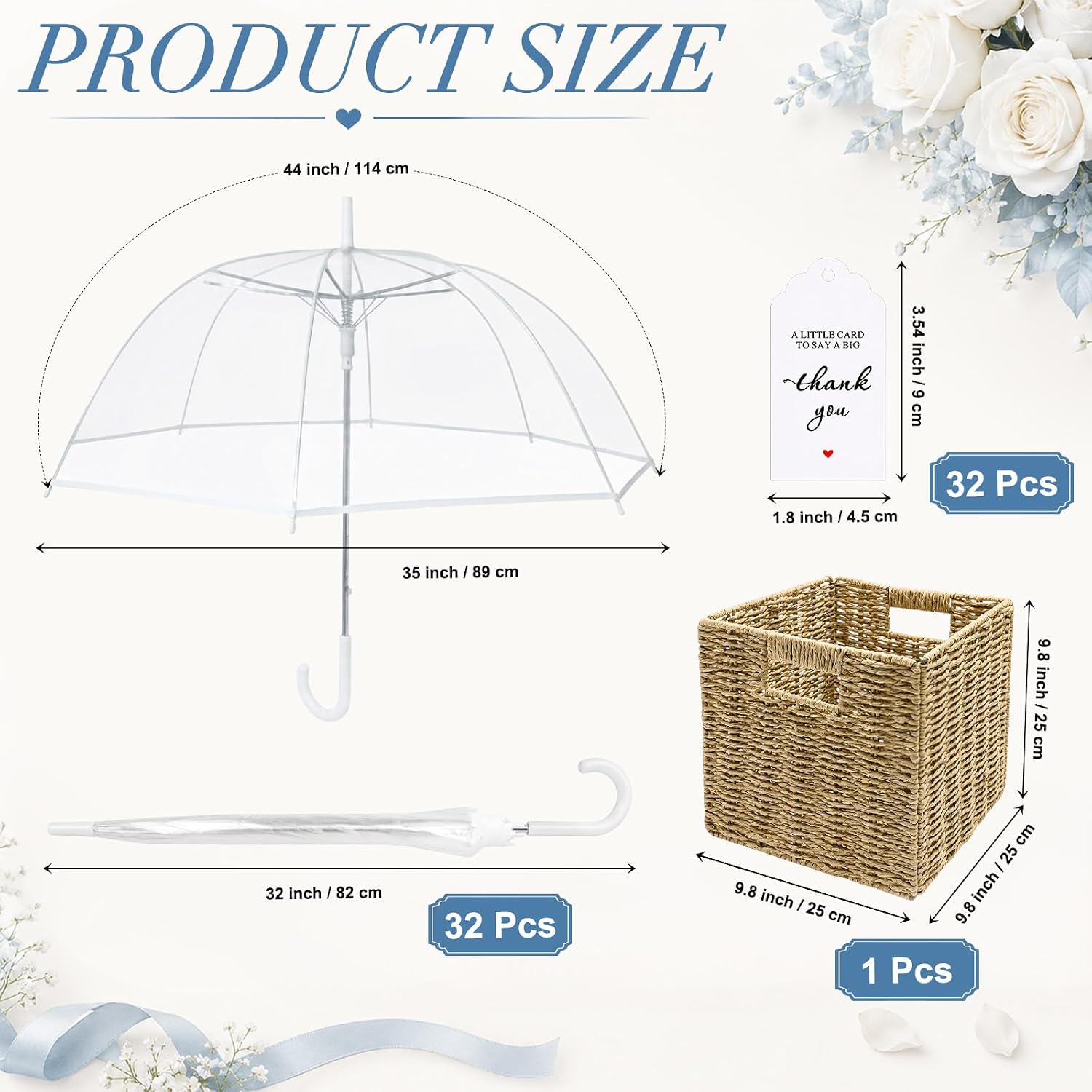Wedding Clear Bubble Umbrellas Bulk with Folding Storage Basket, 44" Arc Transparent POE Dome Umbrellas with Auto-open J-Handle & Thank You Cards for Wedding Guests, Photography, Rain Golf Outdoors