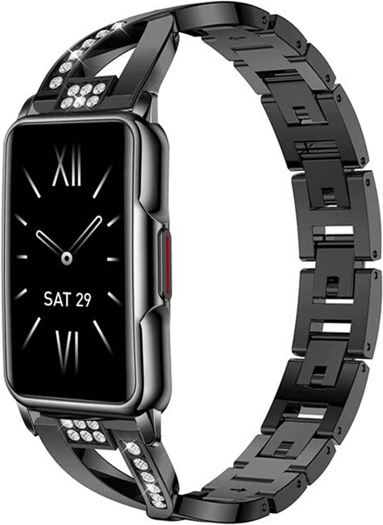 Luxury Black Fitness Tracker Smart Bracelet for Women Stylish Beautiful Diamond Ladies Smart Watch with Pedometer Sleep Message Notification Stainless Steel 1.47" Full Touch Screen