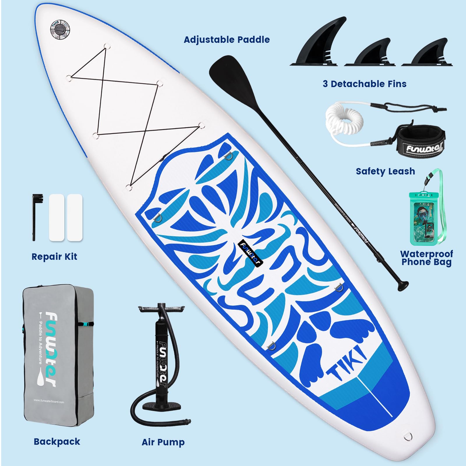 FunWater Tavola Gonfiabile Con Pinne,Guinzaglio Di Sicurezza,Pompa A Mano,Pagaia,Zaino Sup,Per Adulti E Ragazzi Di Tutti I Livelli