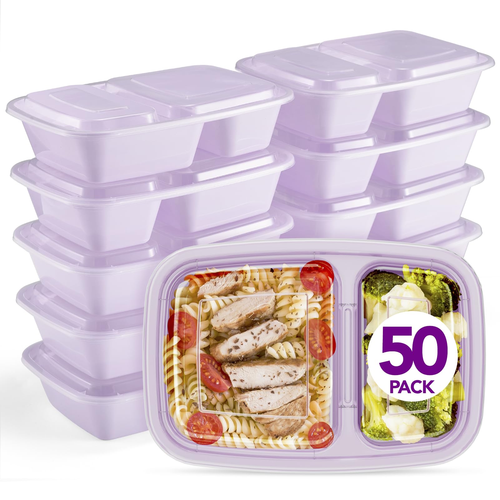 Glotoch - Paquete de 50 recipientes reutilizables para preparación de comidas, 2 compartimentos, contenedores desechables de plástico con tapas para microondas, lavavajillas y congelador de 32 onzas