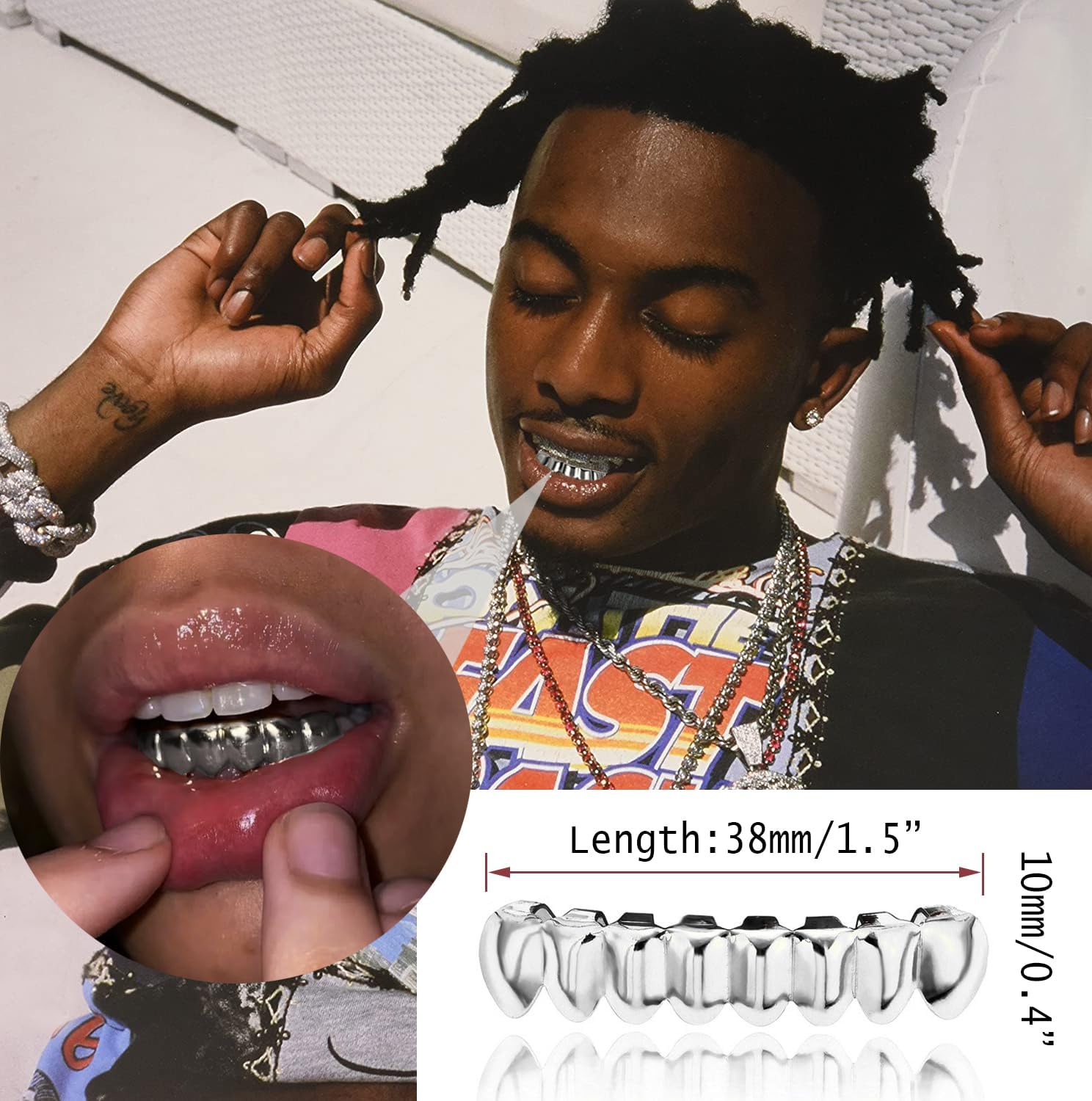 GIFIKOI 7Pcs Golden Grillz Set for Your Teeth Open Face Hip Hop Rapper Teeth Jewelry Single Grill Dental Caps for Top 8/6 Bottom Tooth Grillz