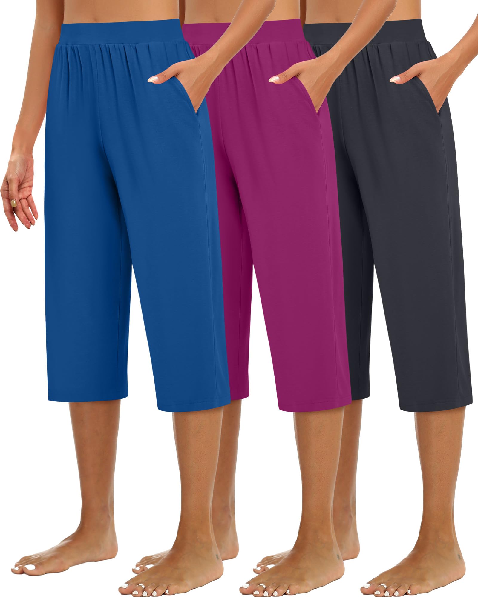 Huukeay 3 Pack Women's Capri Sweatpants Cozy Wide Legs Cropped Capri with Pockets Lounge Jogger Pants Workout Yoga Solid