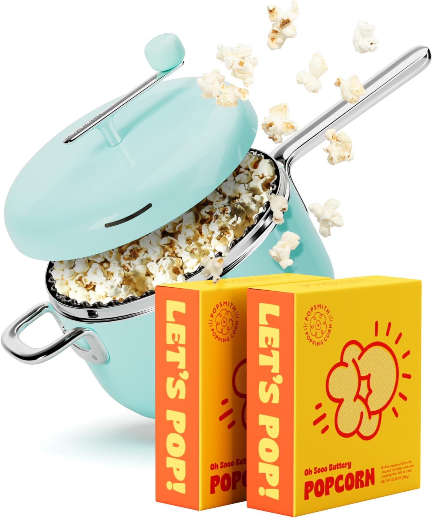 POPSMITH Starter Bundle in Mint - 6 Quart Stovetop Popcorn Maker - Movie Theater & Kettle Corn Kits - Stainless Steel, Induction Compatible