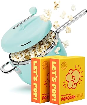 Popsmith Starter Bundle in Mint - 6 Quart Stovetop Popcorn Machine with 10 Movie Theater Buttery Popcorn Kits - Stainless Steel Popcorn Maker Compatible with All Stovetops