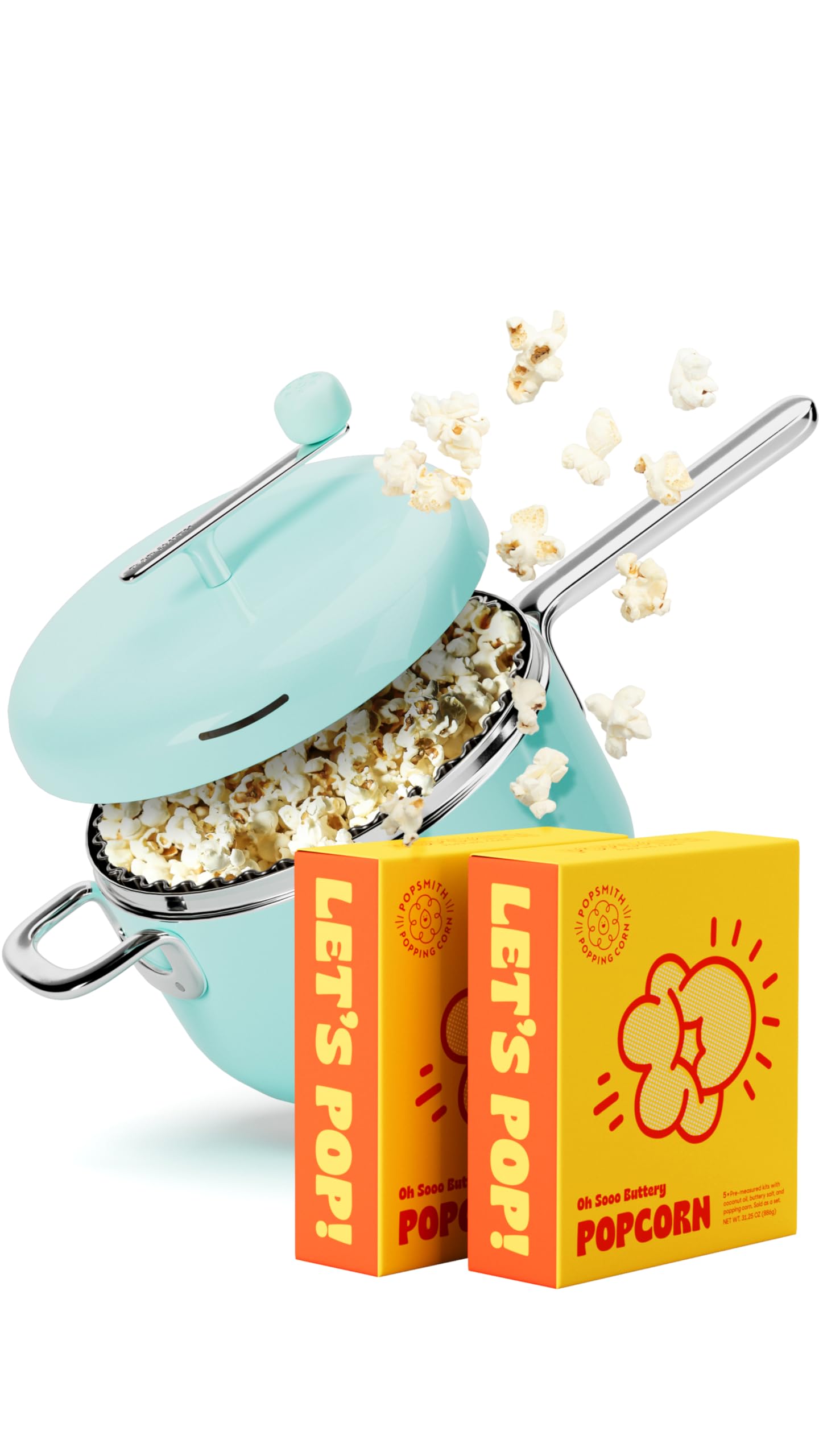 POPSMITH Starter Bundle in Mint - 6 Quart Stovetop Popcorn Maker - Movie Theater & Kettle Corn Kits - Stainless Steel, Induction Compatible