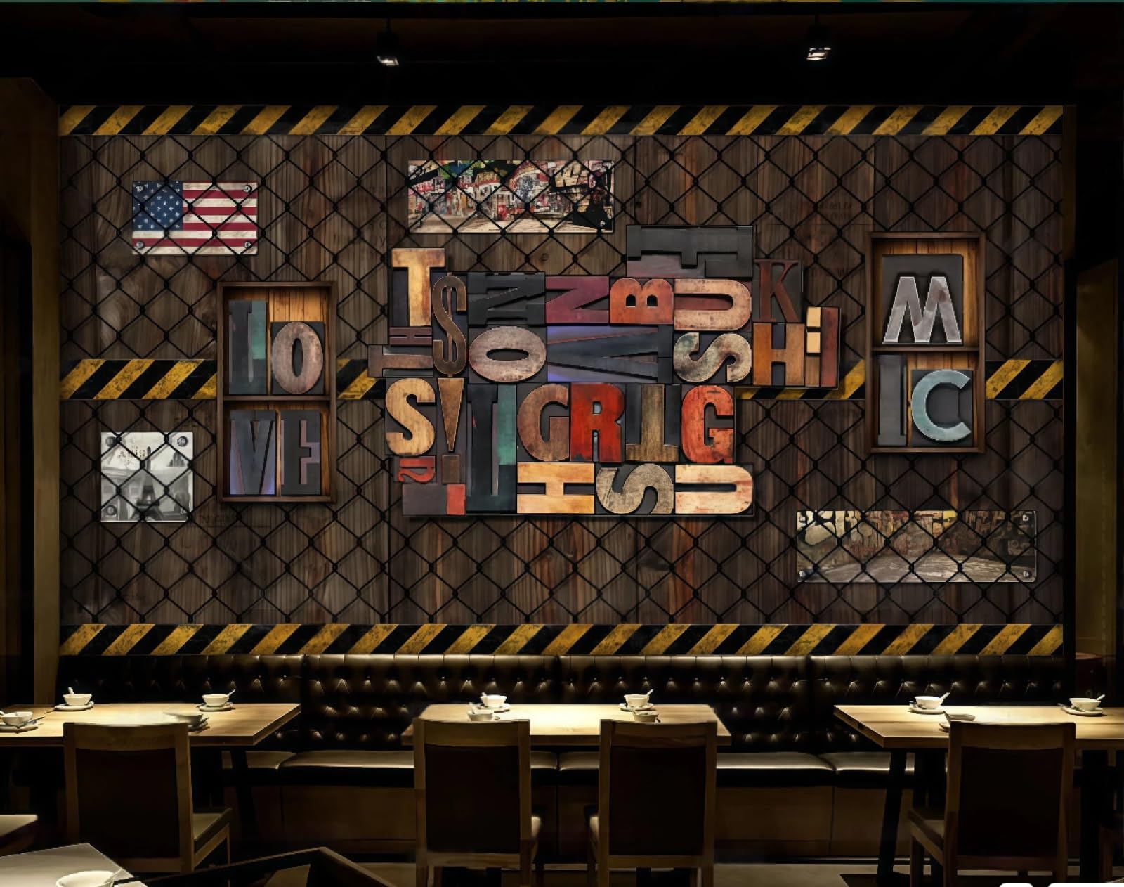 rskjdghshd Wallpaper Nostalgic Retro Barbed Wire English Letters Music Bar Drink Shop Western Restaurant Background Wall Mural Afternoon Tea Coffee Shop Wallpaper,3D,400x280cm
