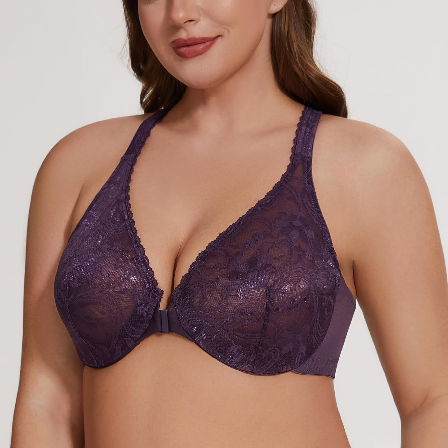 MELENECA Women's Plus Size Racerback Unlined Lace Underwire Front Closure Bra - Image 3