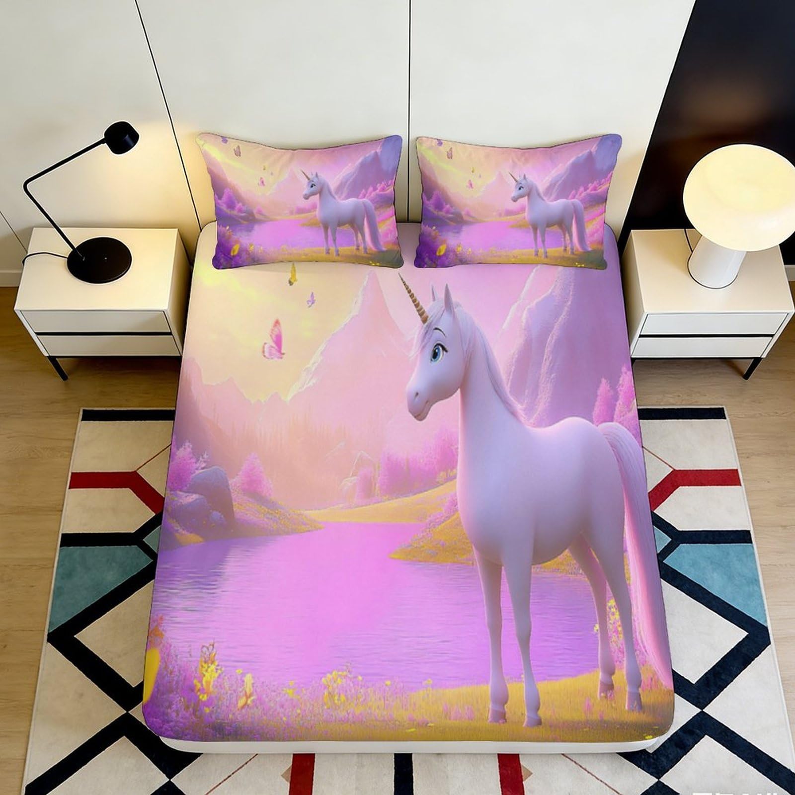 3D Printed Fantasy Unicorn Fitted Sheet Microfiber Purple Dreamland Bed Cover for Bedroom Guest Room Decor 90x200x25cm