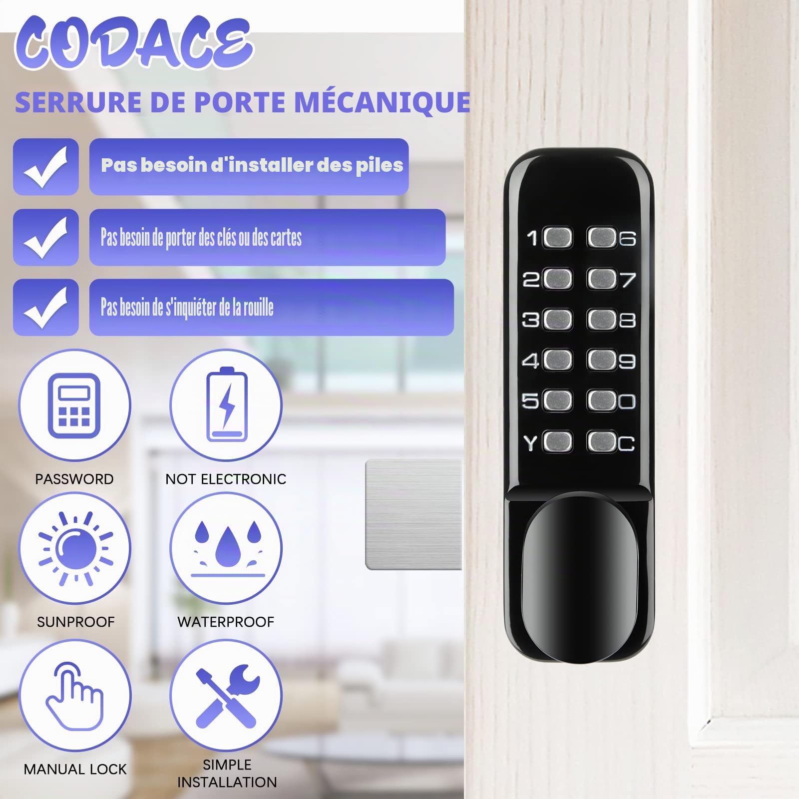 Serrure de porte 100 % mécanique en acier inoxydable avec pavés numériques, serrure de porte d'entrée sans clé, serrure à pêne dormant avec poignée, ensemble de serrures de porte d'entrée à