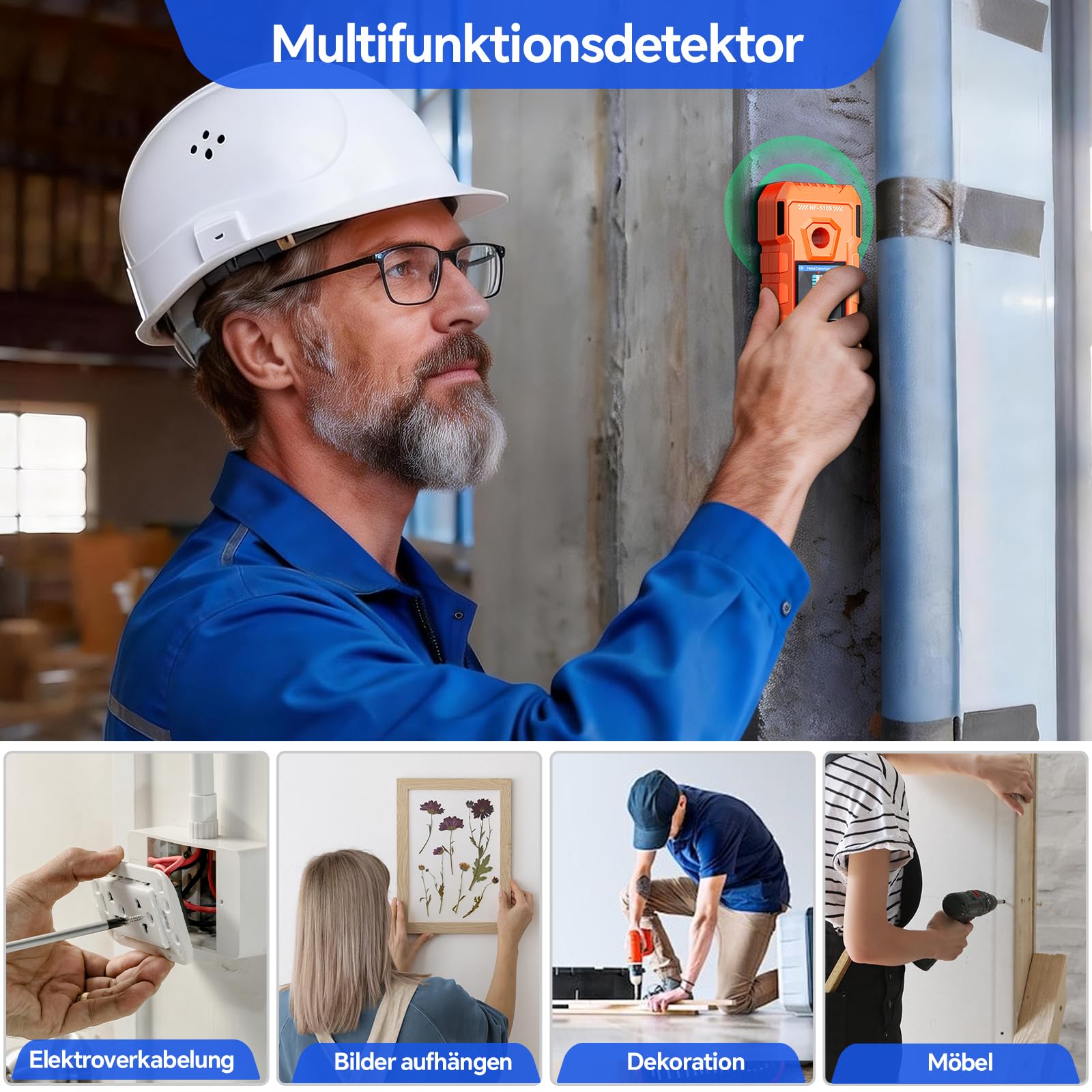 NOYAFA 6-in-1 Wiederaufladbarer Wanddetektor Leitungssucher mit HD LCD-Display & akustischer Warnung, Bolzensucher zur Ortung von Holz, Metall, Balken, Rohren und stromführenden Leitungen