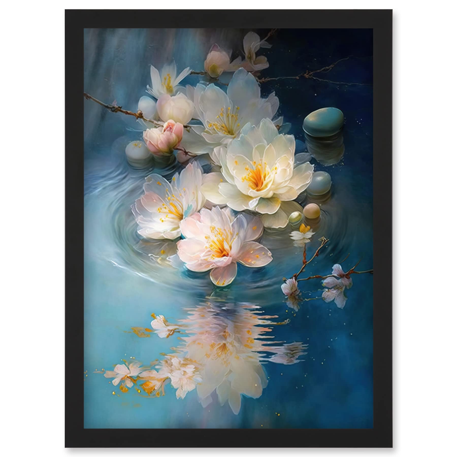 Artery8 Fallen Cherry Blossom Flower Water Ripples Modern Watercolour Painting Artwork Framed Wall Art Print A4