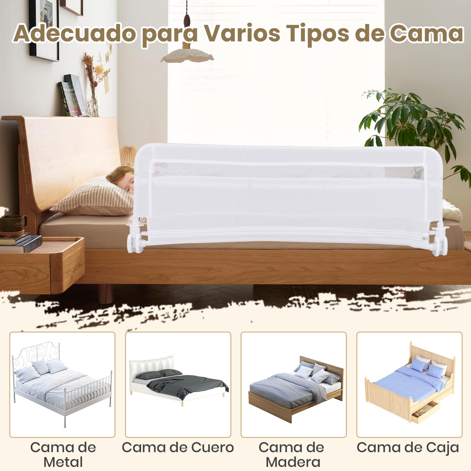 GOPLUS Barrera de Cama para Niños Pequeños 120 CM, Barandilla de Cama para Bebés Abatible con Estructura de Metal, Funda Desmontable y Lavable y Correa de Seguridad, para Cama (Blanco)