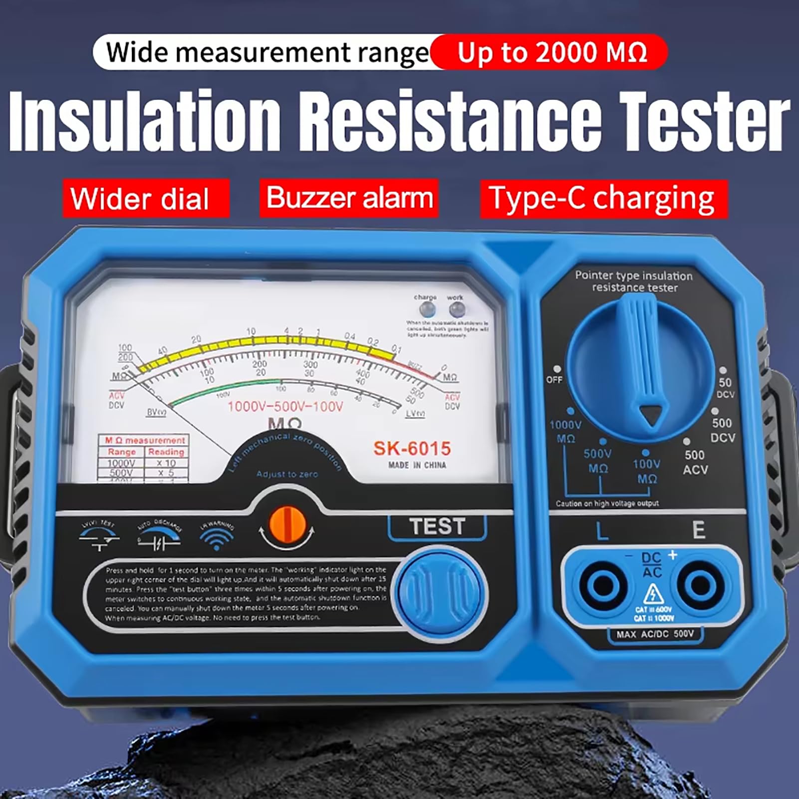 Karlak Tester di Resistenza di Isolamento Analogico Misuratore Tensione Tester Elettrico Puntatore Tipo 100 V 500 V 1000 USB C Ricarica Ampio Quadrante Retroilluminato Allarm (SK-6015)