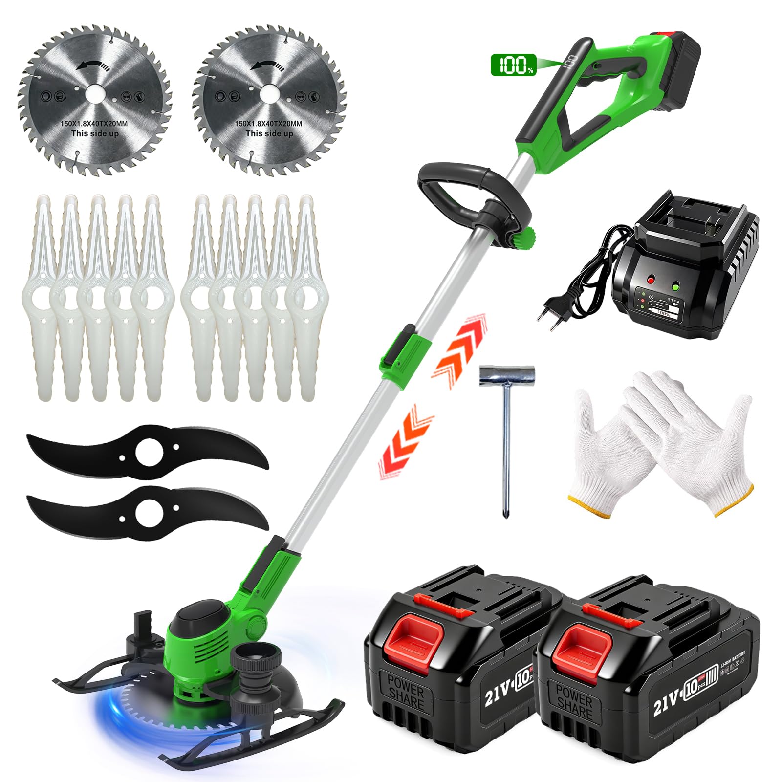 Decespugliatore a Batteria 21V, Tagliabordi a Batteria con 2 Batterie, Decespugliatore Elettrico,Tagliaerba a Batteria con 3 Tipi Lame, Telescopica, Testa Girevole 90°,per Giardino Potatura, Verde