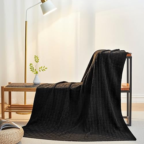 Miniatura 3 de Aormenzy Manta acrílica suave y acogedora, tejido de cable para sofá, cama, color negro (1.7 libras)