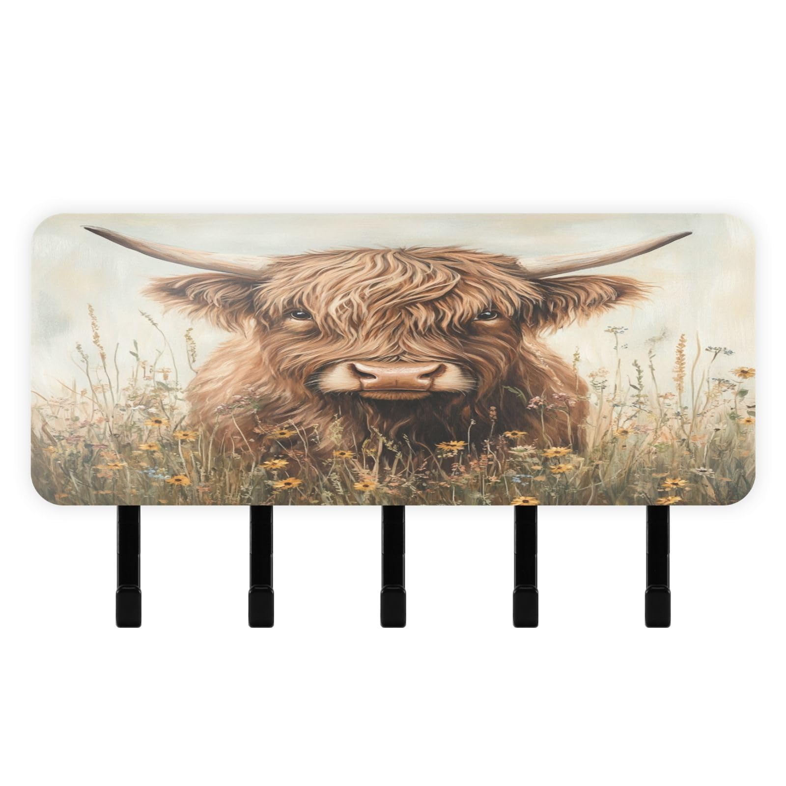 Cgiub Highland Cow Key Holder for Wall Acrylic Key Hooks with 5 Hooks Self Adhesive Key Hangers Wall Mounted Key Rack Mail Organiser for Home Entryway Farmhouse Kitchen