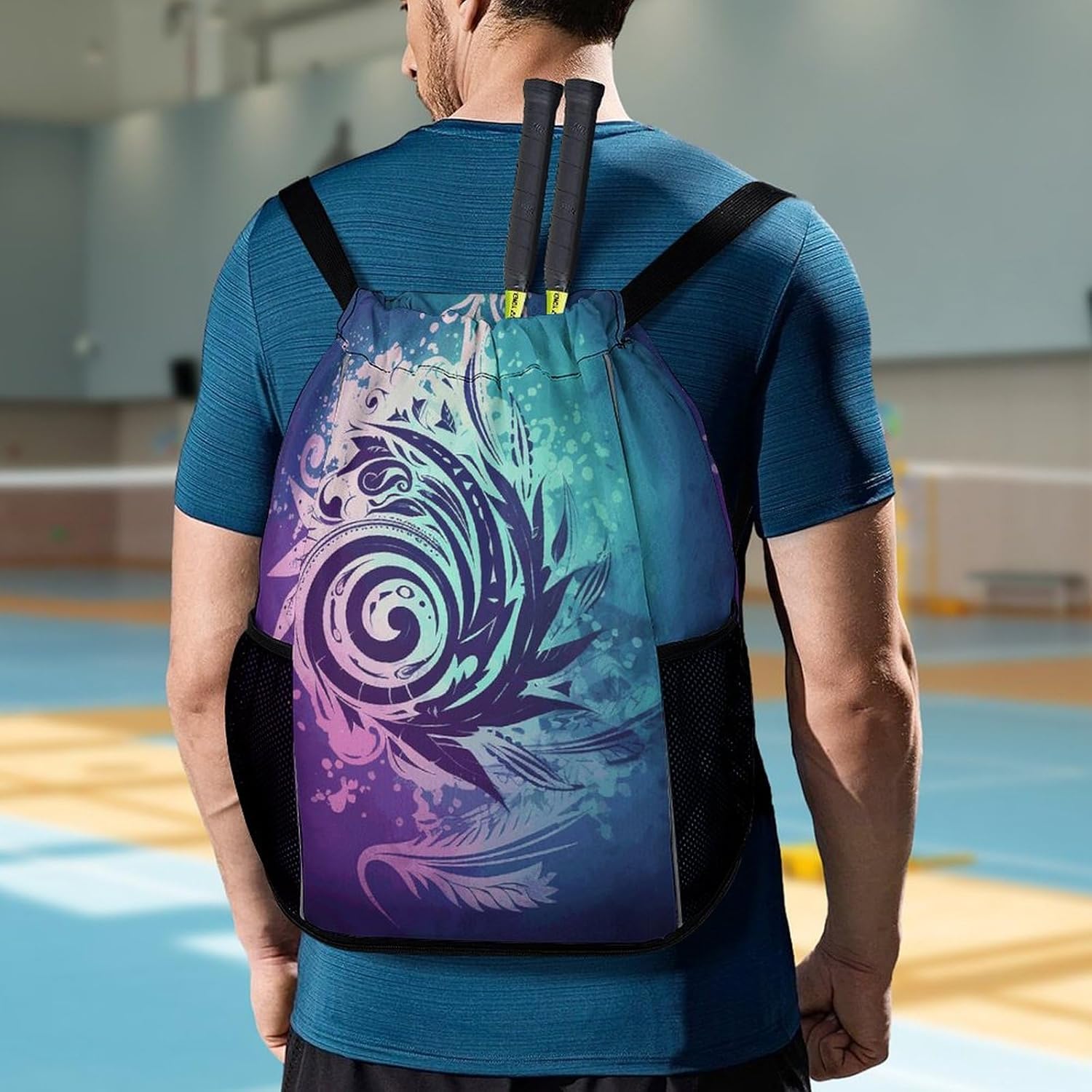 Sports Drawstring Backpack Decorative Tribal Pattern Lightweight Backpack Dry And Wet Separation Large Capacity