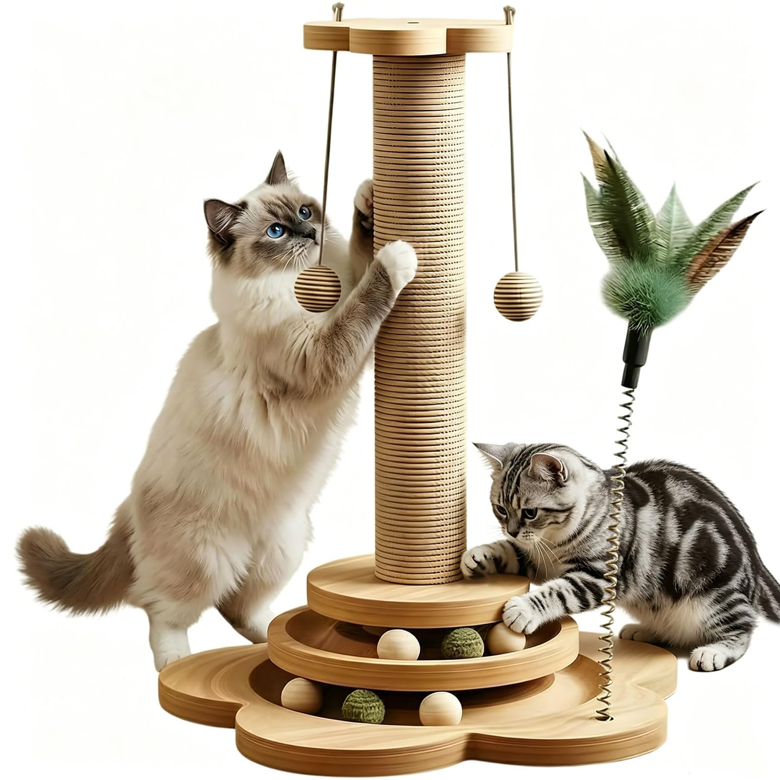 Cat Scratching Post with Natural Sisal for Indoor, 4-in-1 Multifunctional Cat Scratcher Post with Play Platform | Interactive Track Ball | Feather Toys|Sturdy Wooden Base Easy Assembly-Tall 46cm