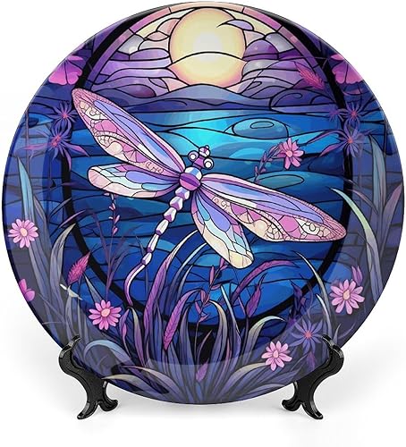 Platos decorativos de color morado con estampado de libélula de color brillante, platos de cerámica para decoración del hogar, platos llanos para