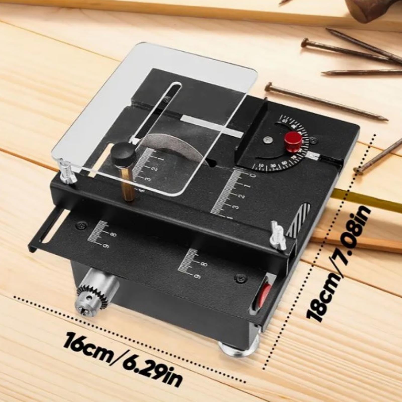 Fafeicy Mini Piła Stołowa, Wielofunkcyjna Piła Stołowa 100 W z tarczą polerską i Elastycznym Wałem, Regulacja 7 Prędkości, głębokość Cięcia 0–16 Mm, do Drewna PCB Tworzywo Akrylowe (wtyczka UE)