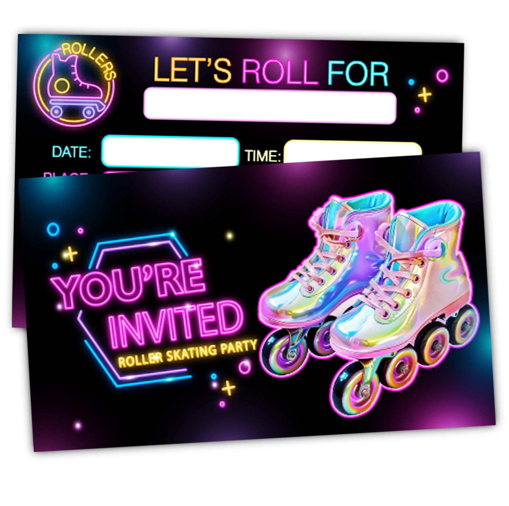 XIAOPNN Neon Roller Skating Birthday Party Invitation for Girls, Kids Ice Skates Birthday Party Supplies, 30 Cards With 30 Envelopes