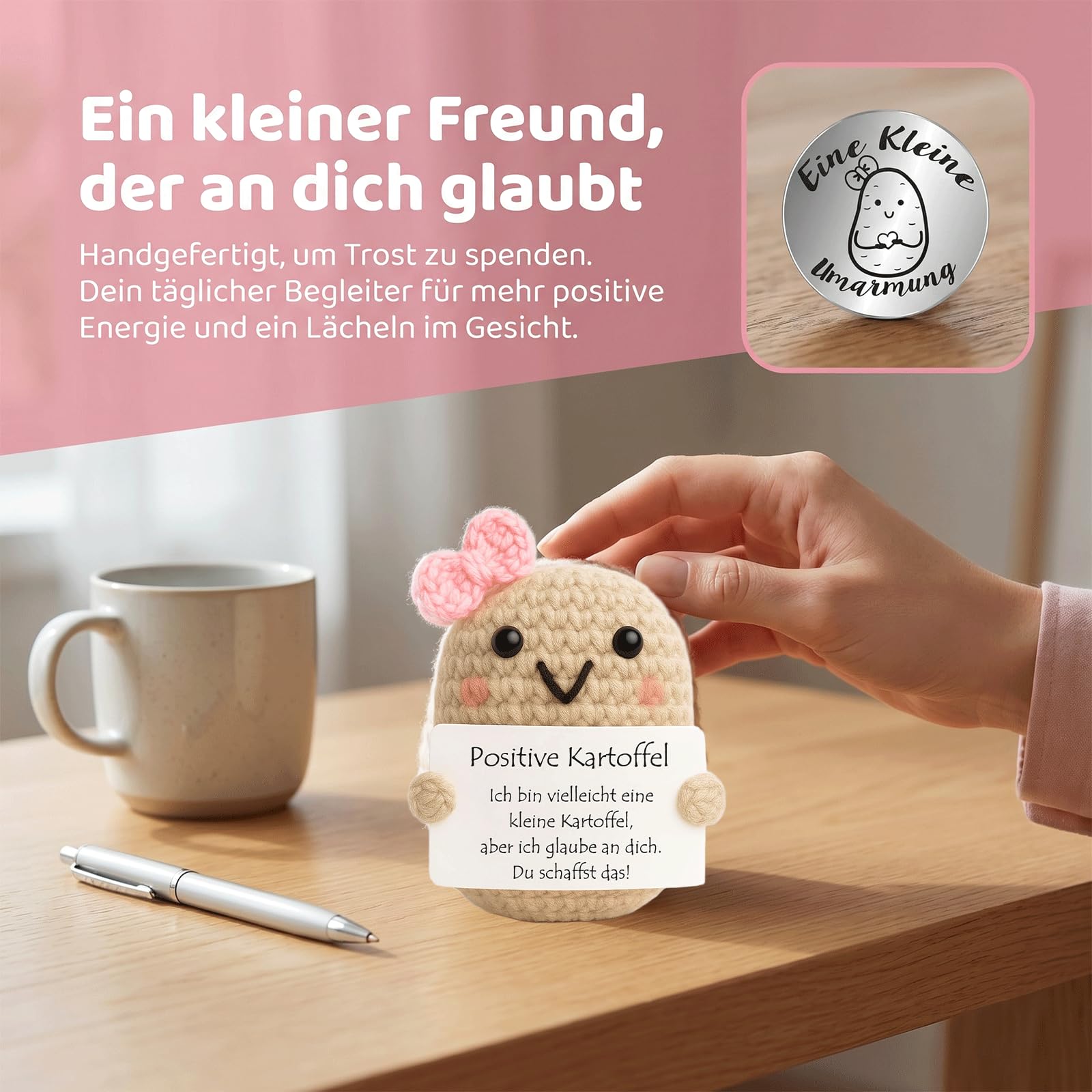 LEMONSTONE Pocket Hug Pozytywna figurka ziemniaczana, ręcznie robiona dzianina, dekoracyjna figurka z małym uściskiem, talizman, srebrna, kreatywna szydełkowana lalka, dla przyjaciół, kolegów z