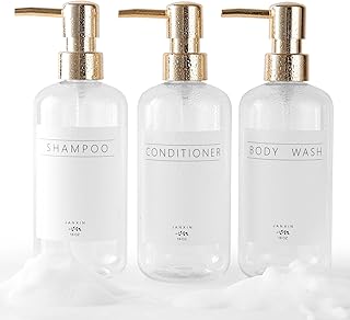 Shampoo and Conditioner Dispenser Set of 3,Modern Refillable 16oz Shampoo and Conditioner Bottles with Pump,Stylish Shower Soap Dispenser with Waterproof Labels for Bathroom(Clear)