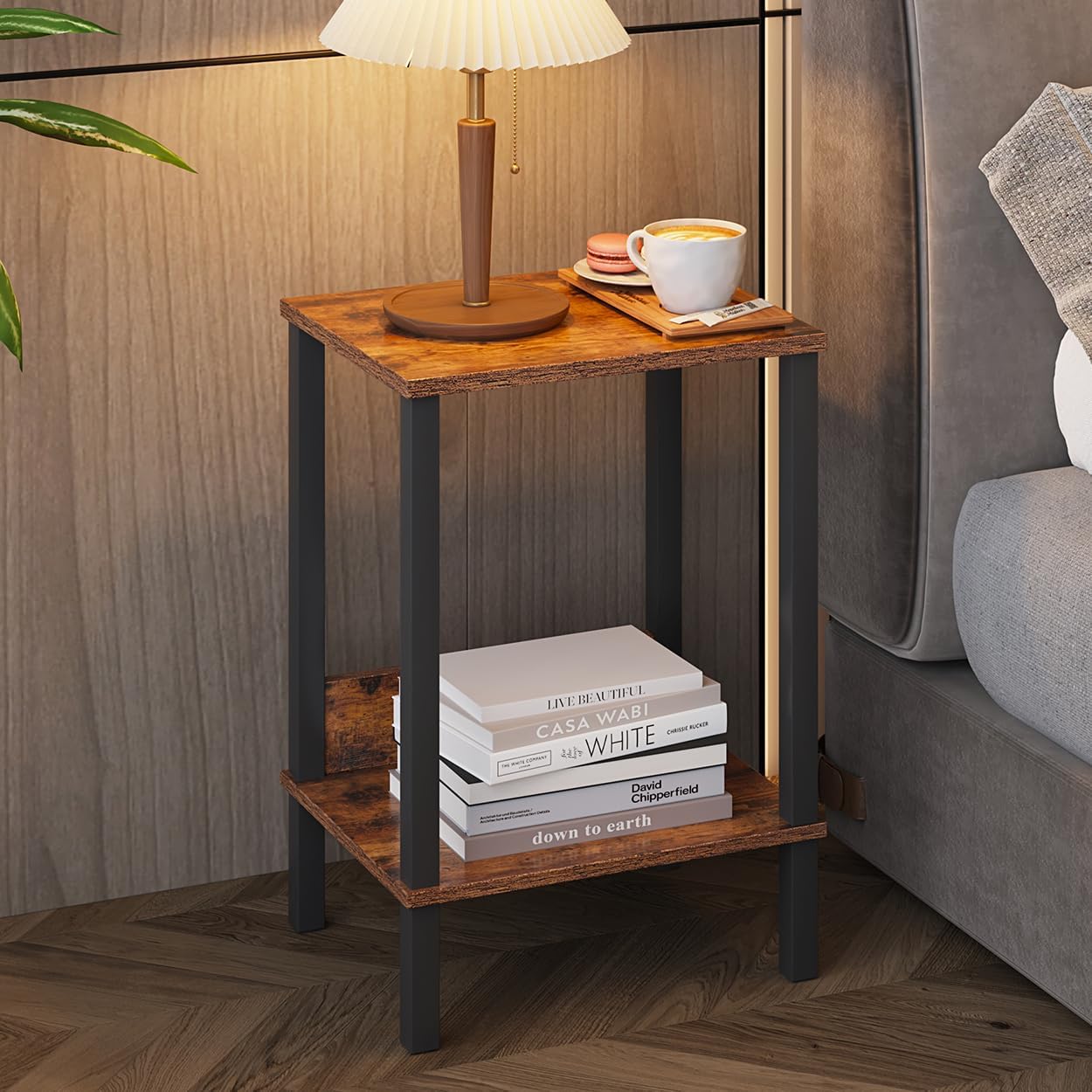 VIMBER End Table, Side Table, Set of 2, Nightstands with 2-Tier Storage Shelves, Sofa Table for Small Space, Coach Table for Living Room Bedroom, Rustic Brown UTBT101F2