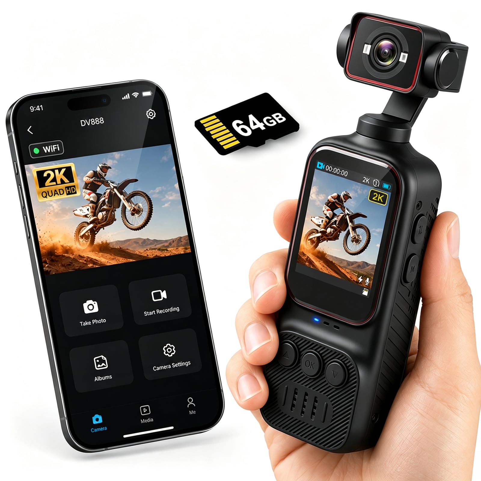 NHOPEEW 2K Vlog Camera con Display da 2 Pollici, POV Wi-Fi Pocket Camera