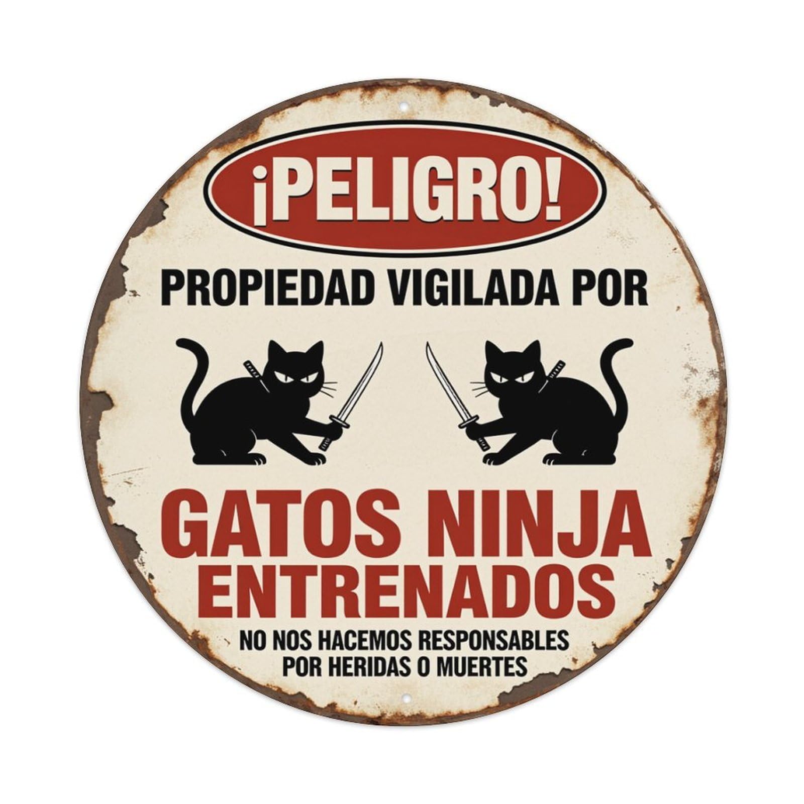 Danger Property Watched Trained Ninja Cats Round Tin Sign Retro Metal Sign for Cafe Bar Pub Home Game Room Gym Club Wall Decoration Vintage Metal Poster 8x8 Inch