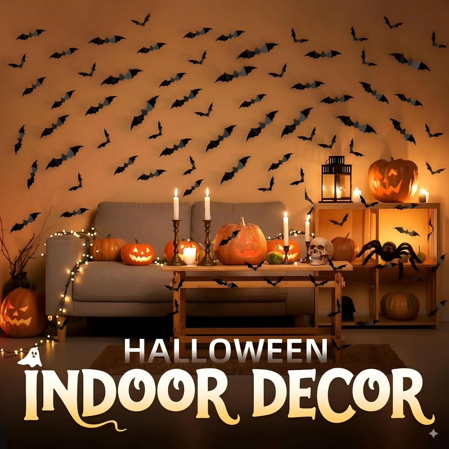 Partyreal 60Pcs Bats Halloween Decorations Party Supplies, Realistic PVC 3D Black Bat Stickers for Spooky Home Decor, DIY Wall Window Decal for Bathroom & Indoor Use (4 Sizes)