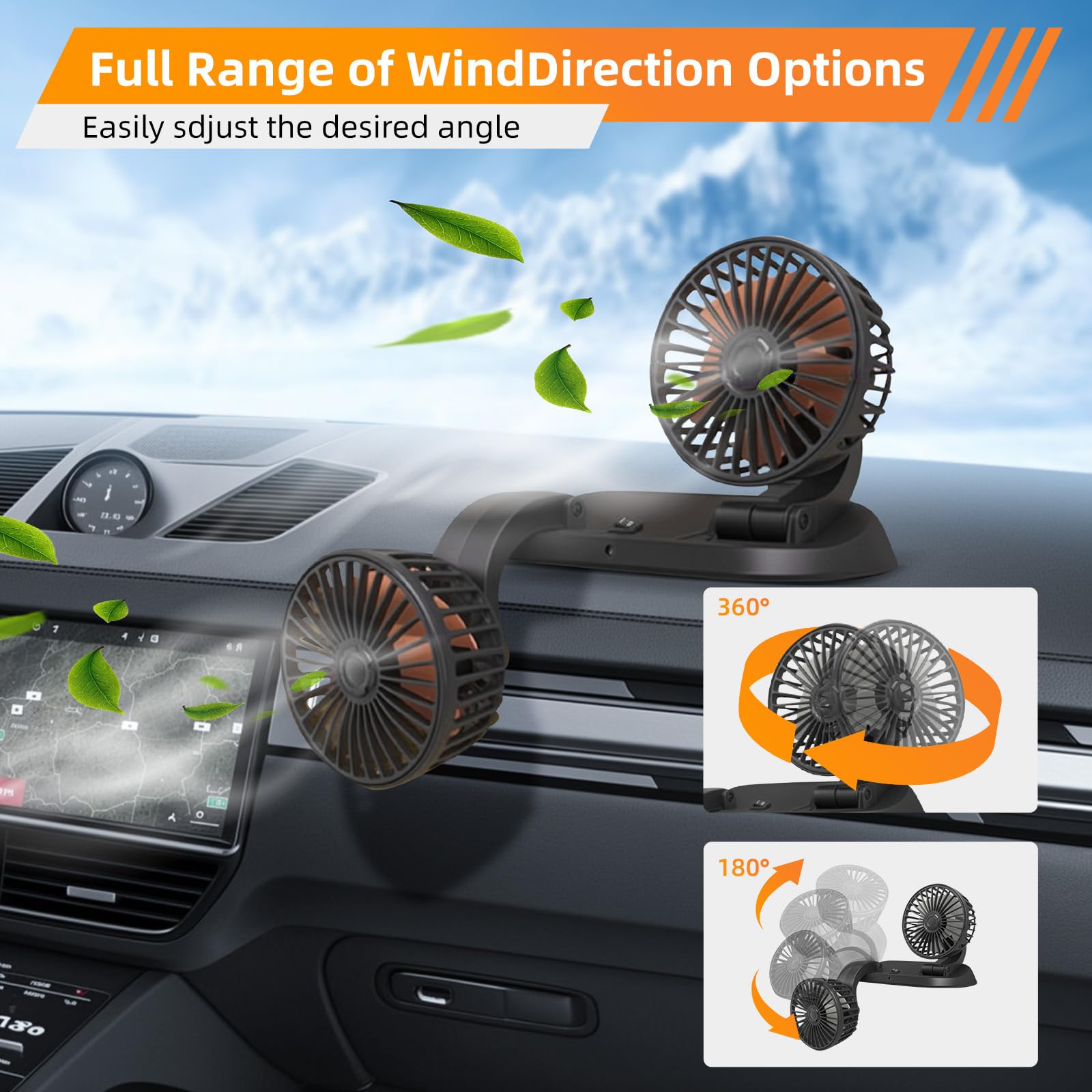 Baceyong Ventilateur de refroidissement de voiture à double tête 24V avec port allume-cigare pour camion, camionnette, SUV, camping-car, bateau, 360° horizontal 180° vertical pivotant réglable
